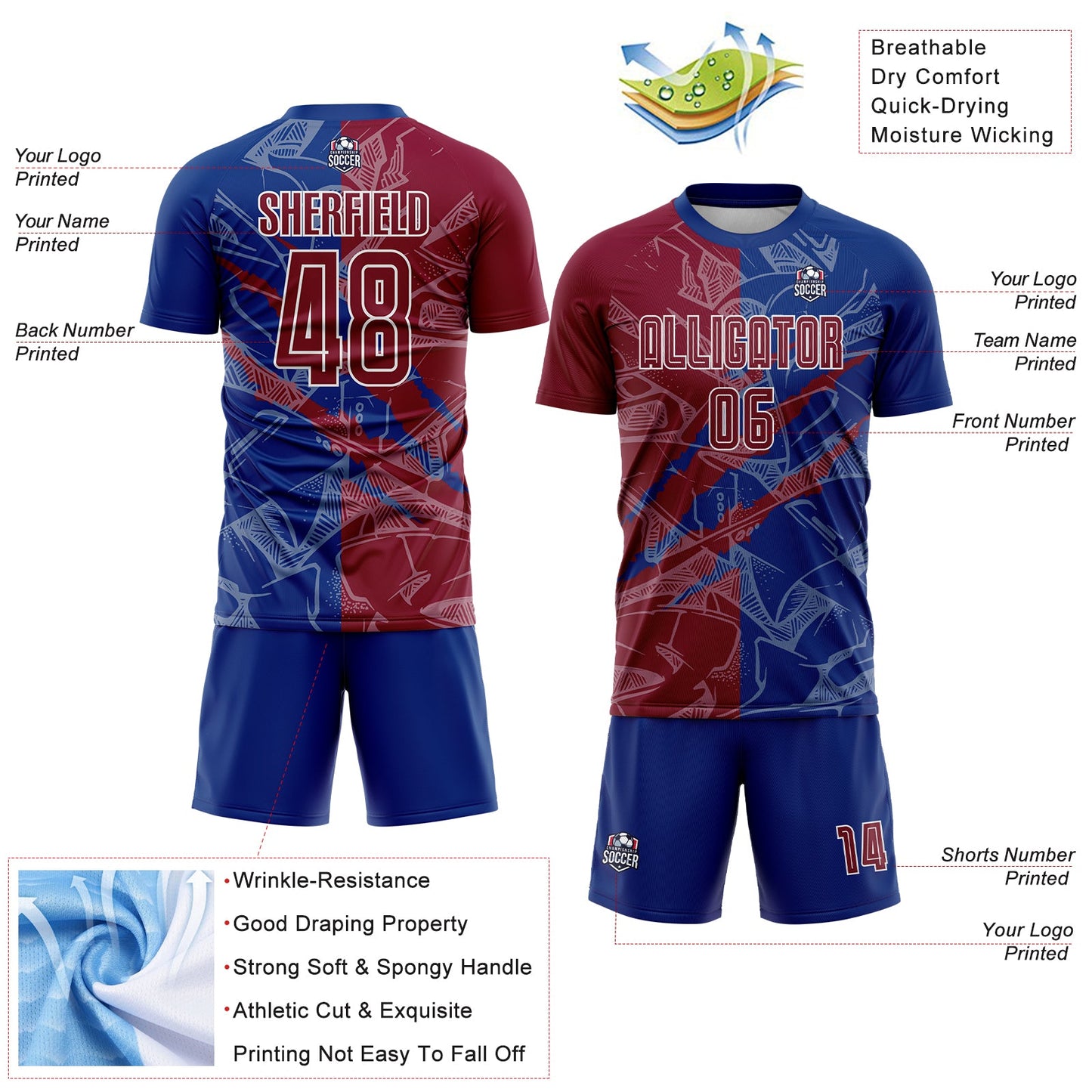 Custom Graffiti Pattern Maroon-Royal Scratch Sublimation Soccer Uniform Jersey view 4