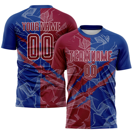 Custom Graffiti Pattern Maroon-Royal Scratch Sublimation Soccer Uniform Jersey - Main View