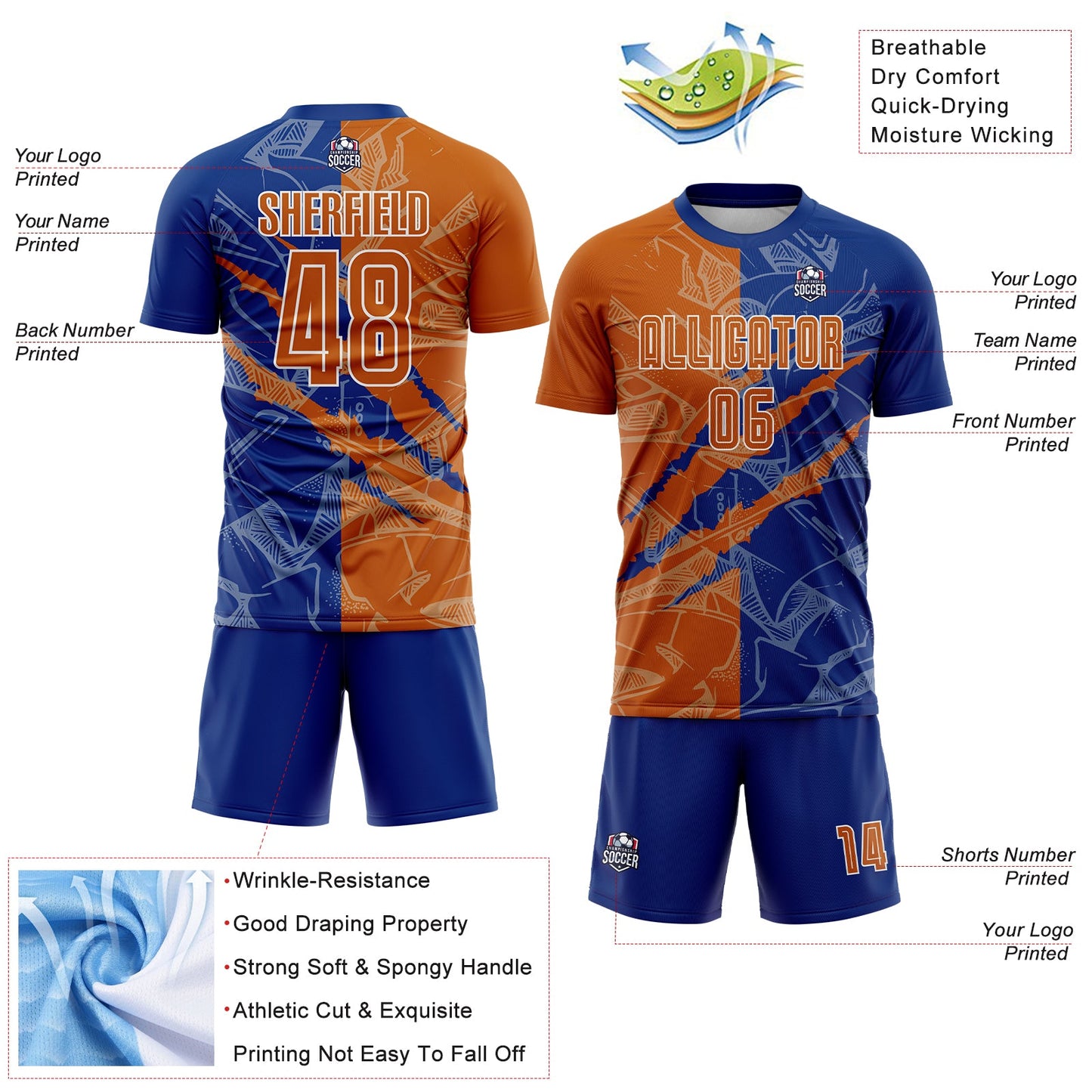 Custom Graffiti Pattern Texas Orange-Royal Scratch Sublimation Soccer Uniform Jersey view 4