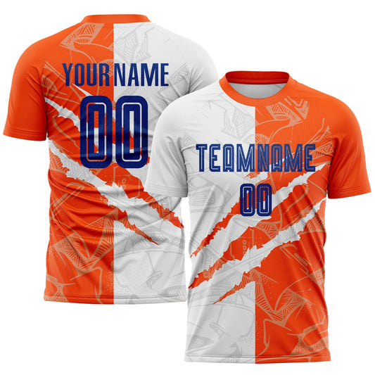 Custom Graffiti Pattern Royal-Orange Scratch Sublimation Soccer Uniform Jersey - Main View