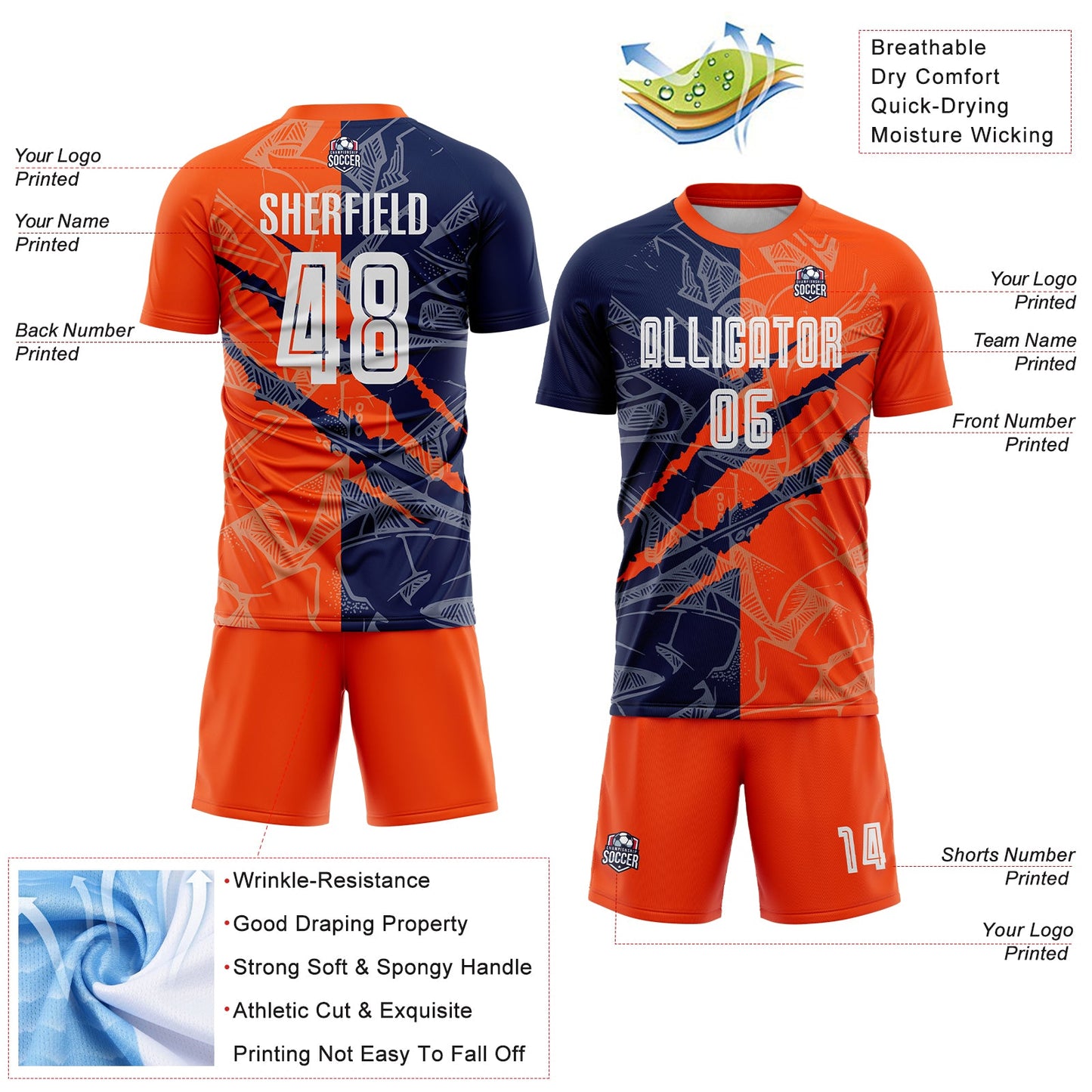Custom Graffiti Pattern Navy-Orange Scratch Sublimation Soccer Uniform Jersey view 4