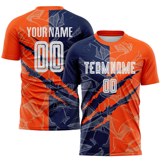 Custom Graffiti Pattern Navy-Orange Scratch Sublimation Soccer Uniform Jersey - Main View