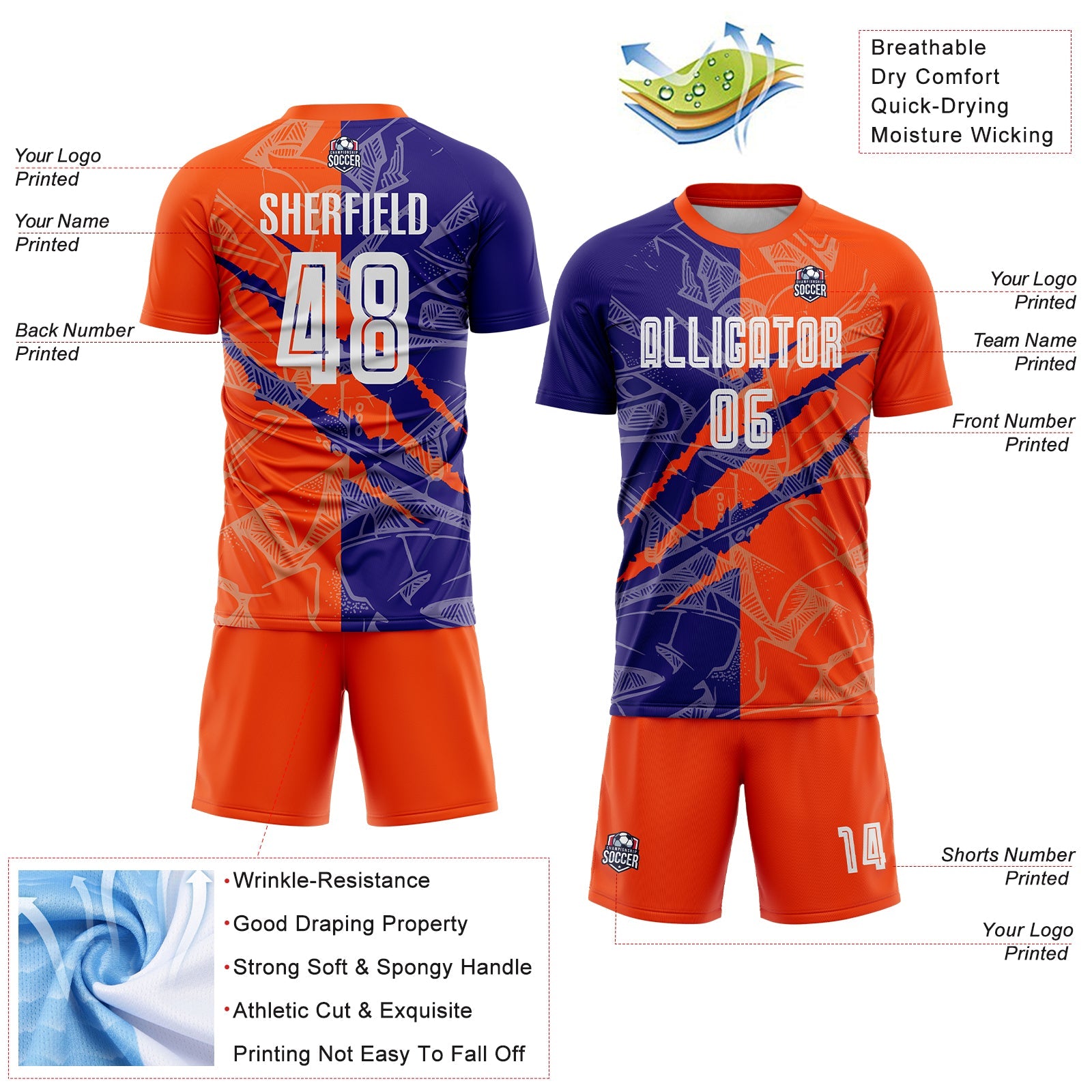Custom Graffiti Pattern Dark Purple-Orange Scratch Sublimation Soccer Uniform Jersey view 4
