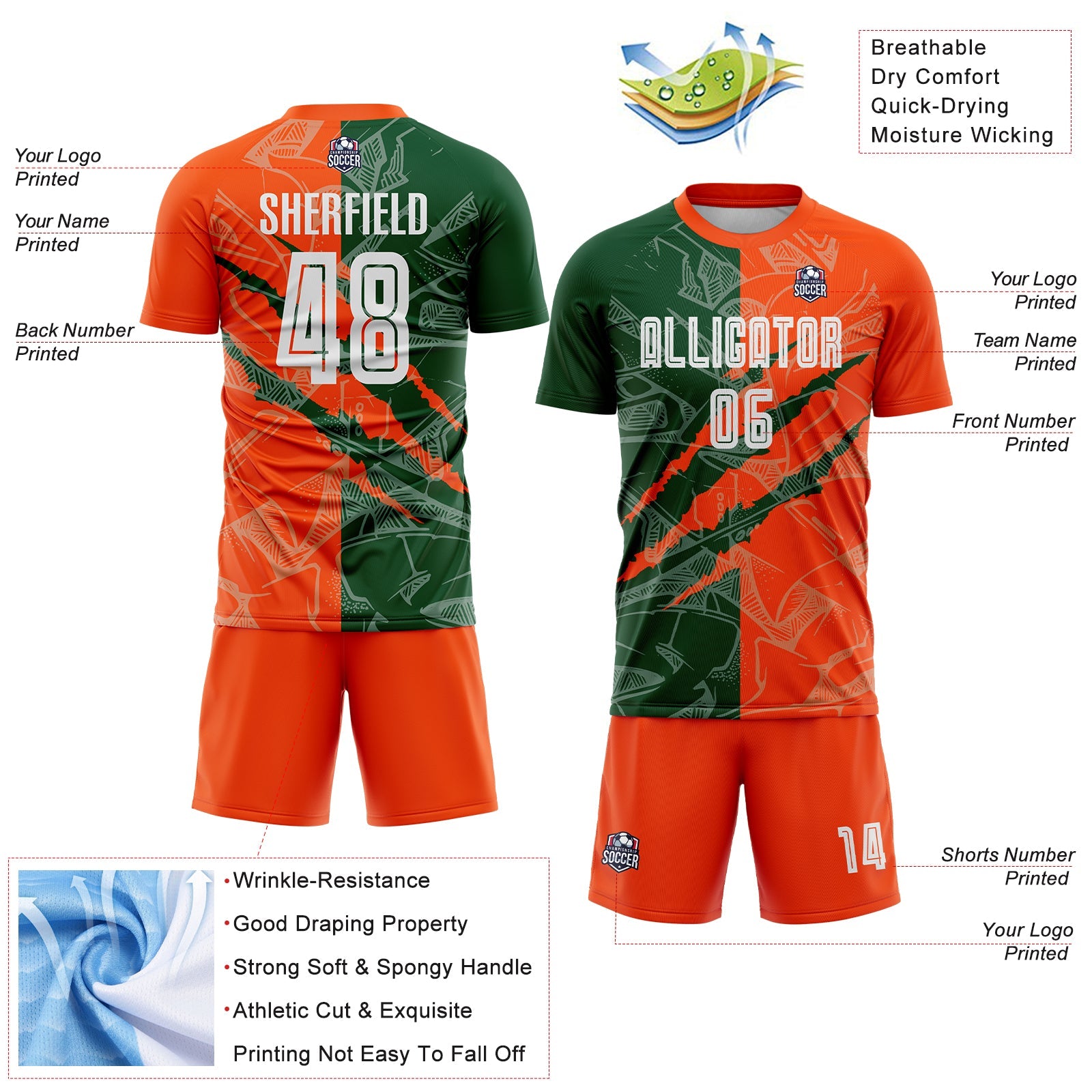 Custom Graffiti Pattern Green-Orange Scratch Sublimation Soccer Uniform Jersey view 4
