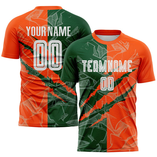 Custom Graffiti Pattern Green-Orange Scratch Sublimation Soccer Uniform Jersey - Main View
