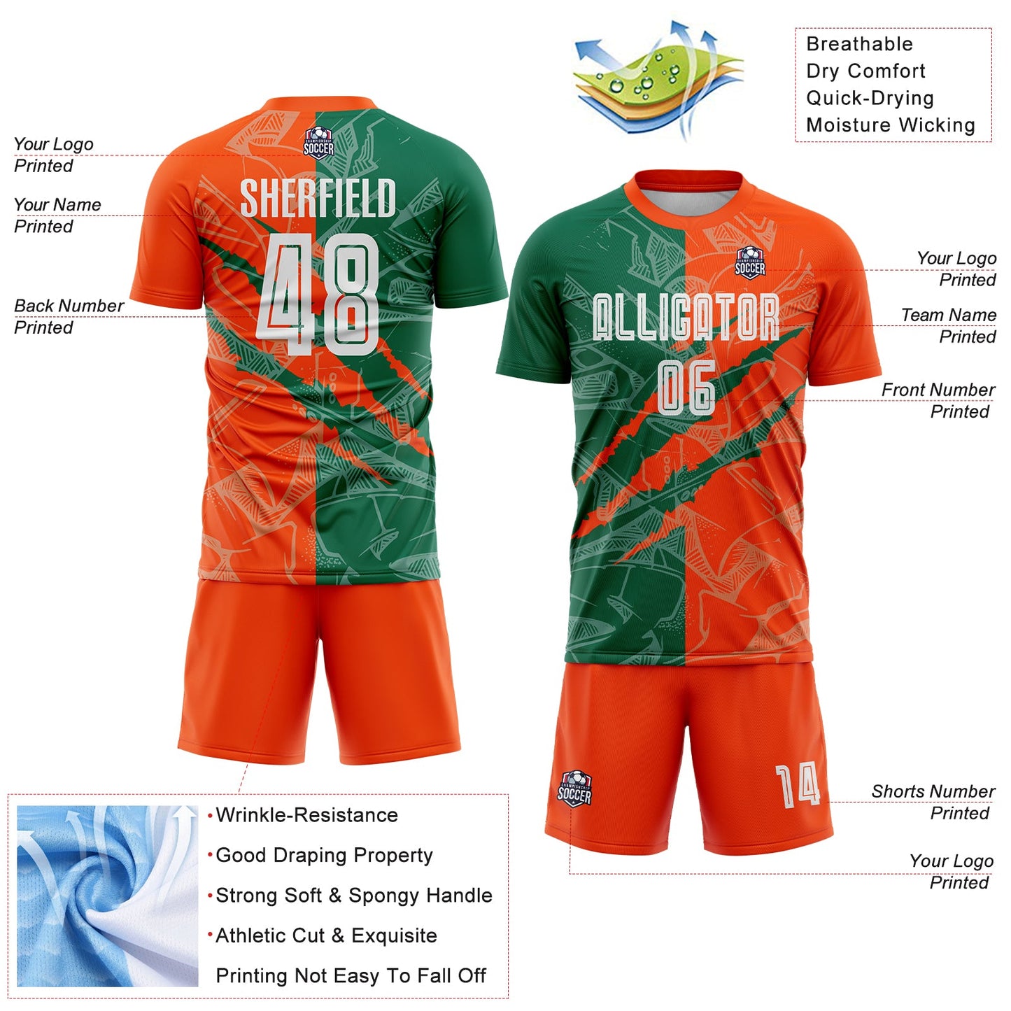 Custom Graffiti Pattern Kelly Green-Orange Scratch Sublimation Soccer Uniform Jersey view 4