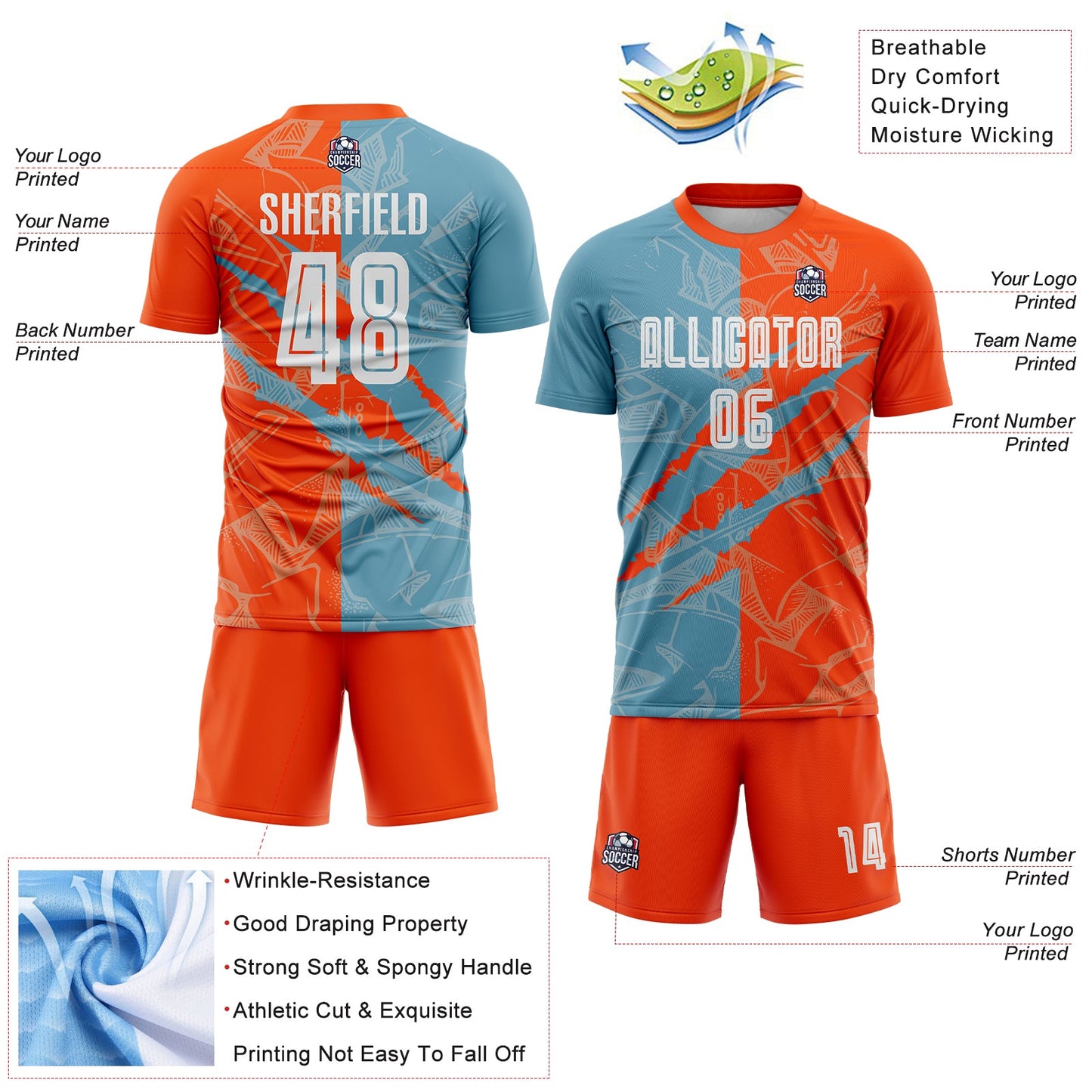 Custom Graffiti Pattern Shadow Blue-Orange Scratch Sublimation Soccer Uniform Jersey view 4
