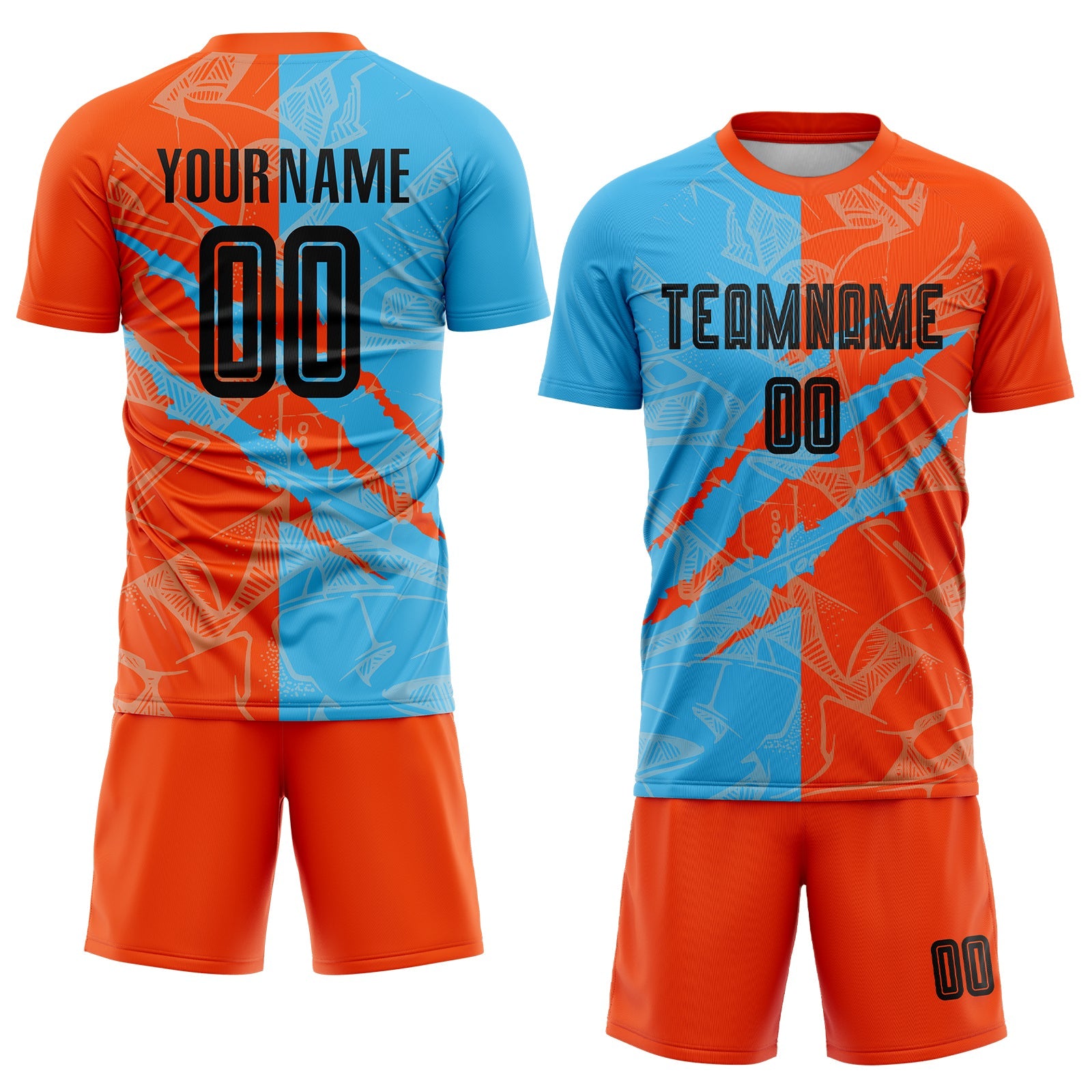 Custom Graffiti Pattern Black Sky Blue-Orange Scratch Sublimation Soccer Uniform Jersey view 2