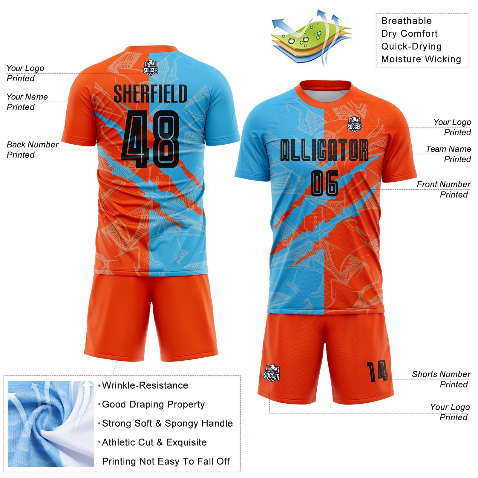Custom Graffiti Pattern Black Sky Blue-Orange Scratch Sublimation Soccer Uniform Jersey view 4