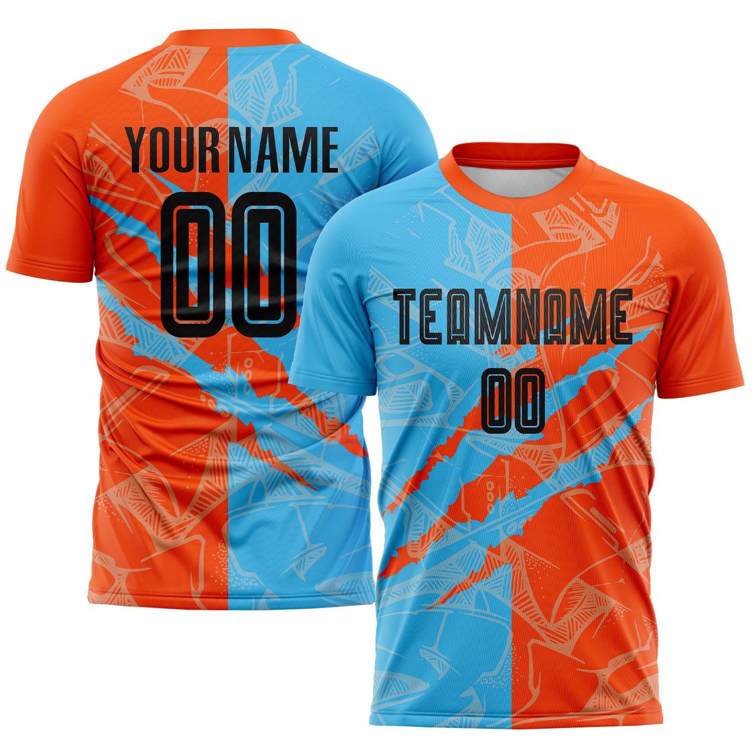 Custom Graffiti Pattern Black Sky Blue-Orange Scratch Sublimation Soccer Uniform Jersey - Main View