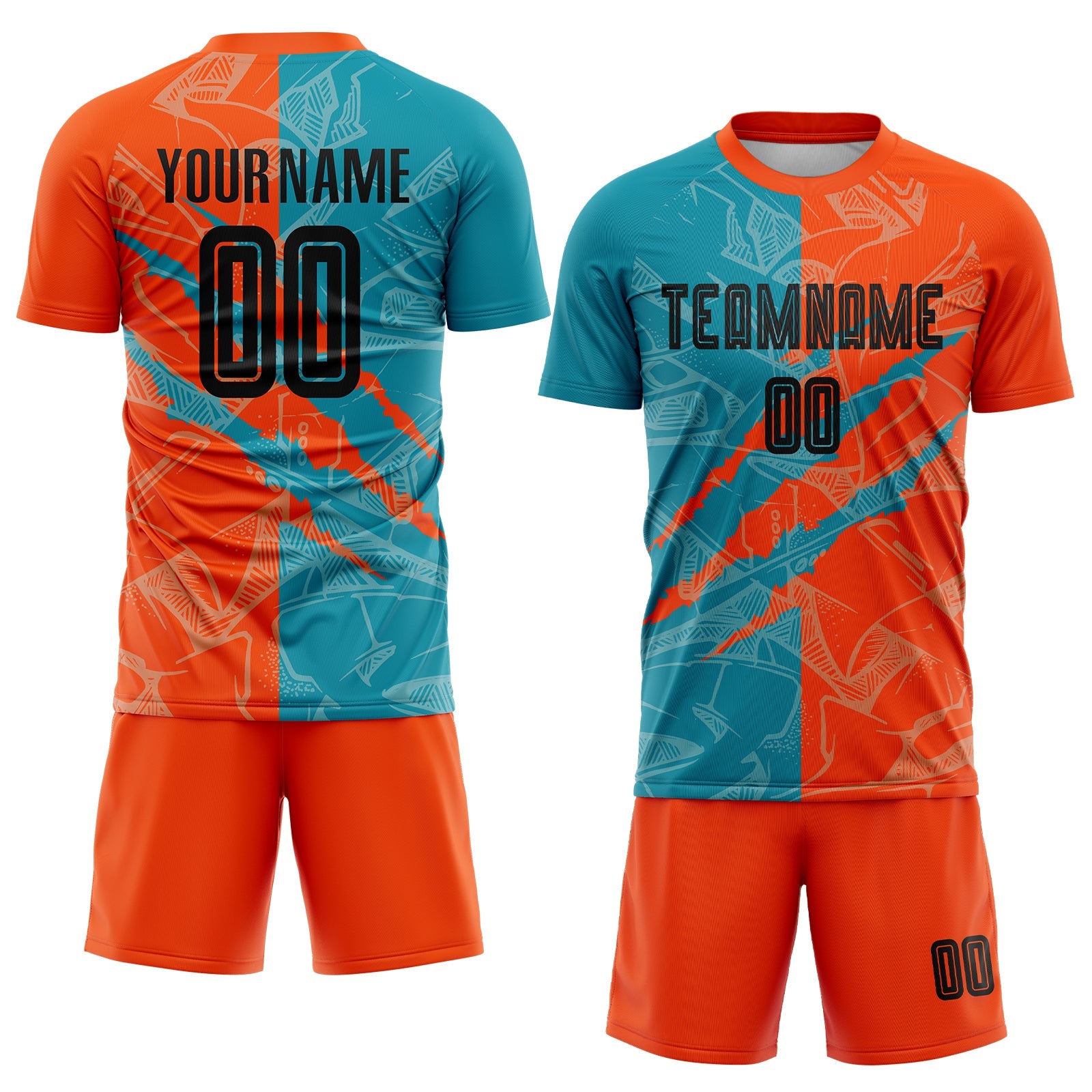 Custom Graffiti Pattern Black Teal-Orange Scratch Sublimation Soccer Uniform Jersey view 2
