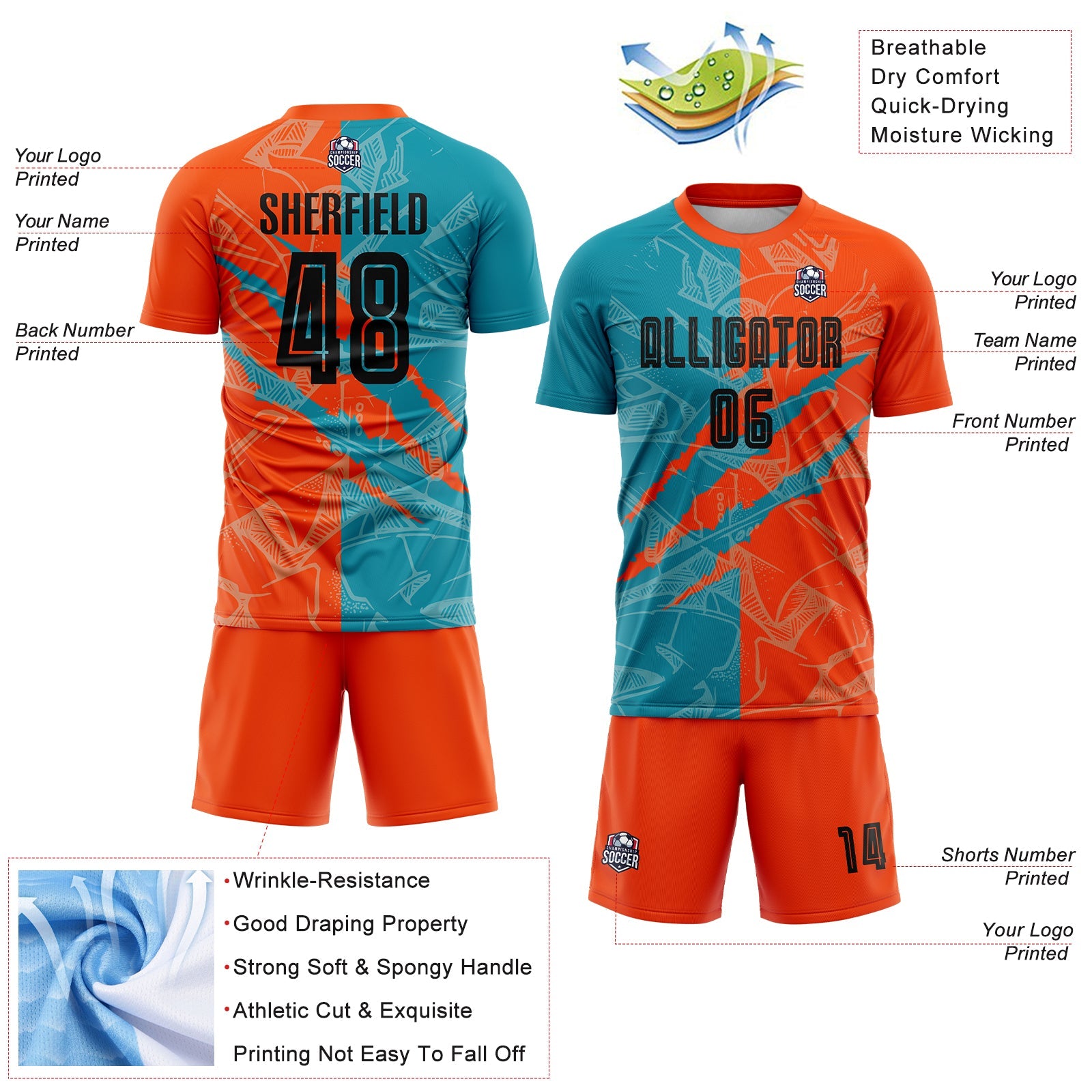 Custom Graffiti Pattern Black Teal-Orange Scratch Sublimation Soccer Uniform Jersey view 4