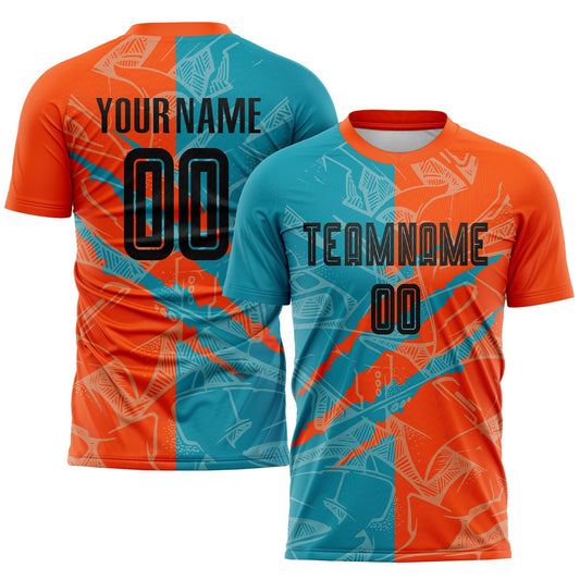 Custom Graffiti Pattern Black Teal-Orange Scratch Sublimation Soccer Uniform Jersey - Main View