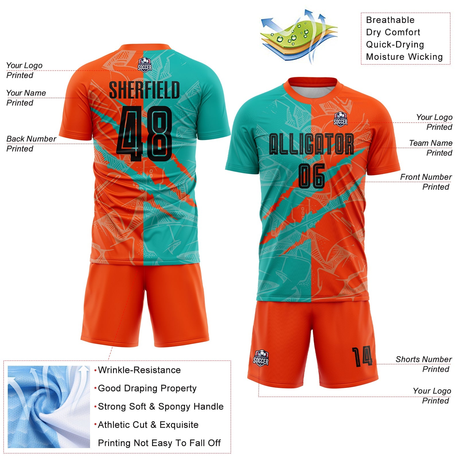 Custom Graffiti Pattern Black Aqua-Orange Scratch Sublimation Soccer Uniform Jersey view 4