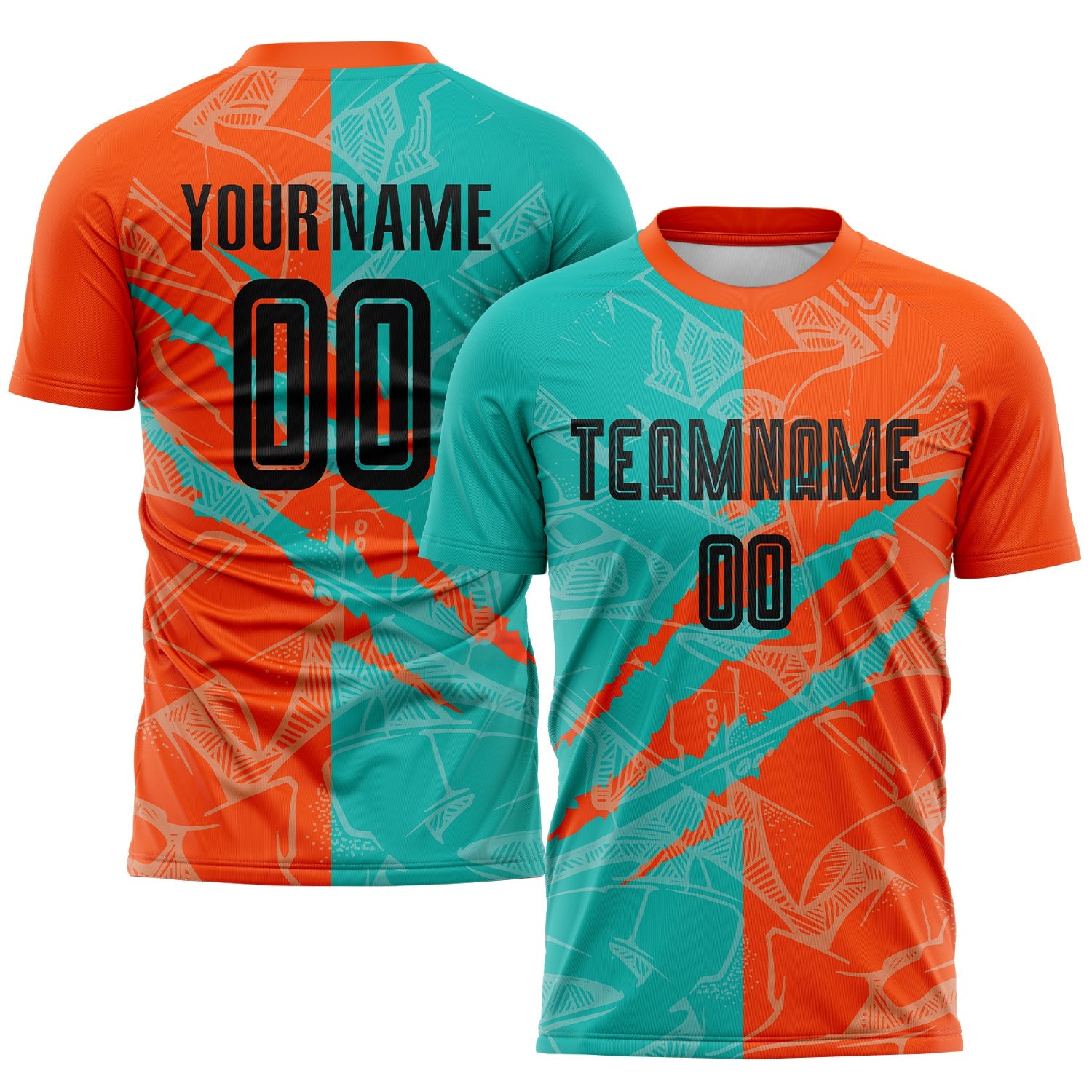 Custom Graffiti Pattern Black Aqua-Orange Scratch Sublimation Soccer Uniform Jersey - Main View