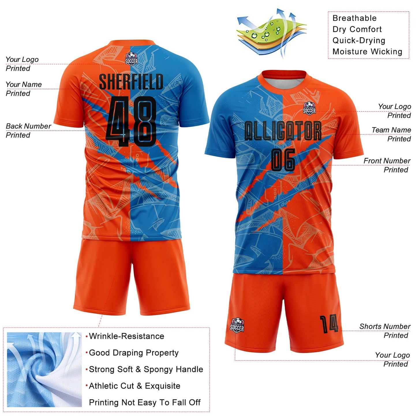 Custom Graffiti Pattern Black Blue-Orange Scratch Sublimation Soccer Uniform Jersey view 4