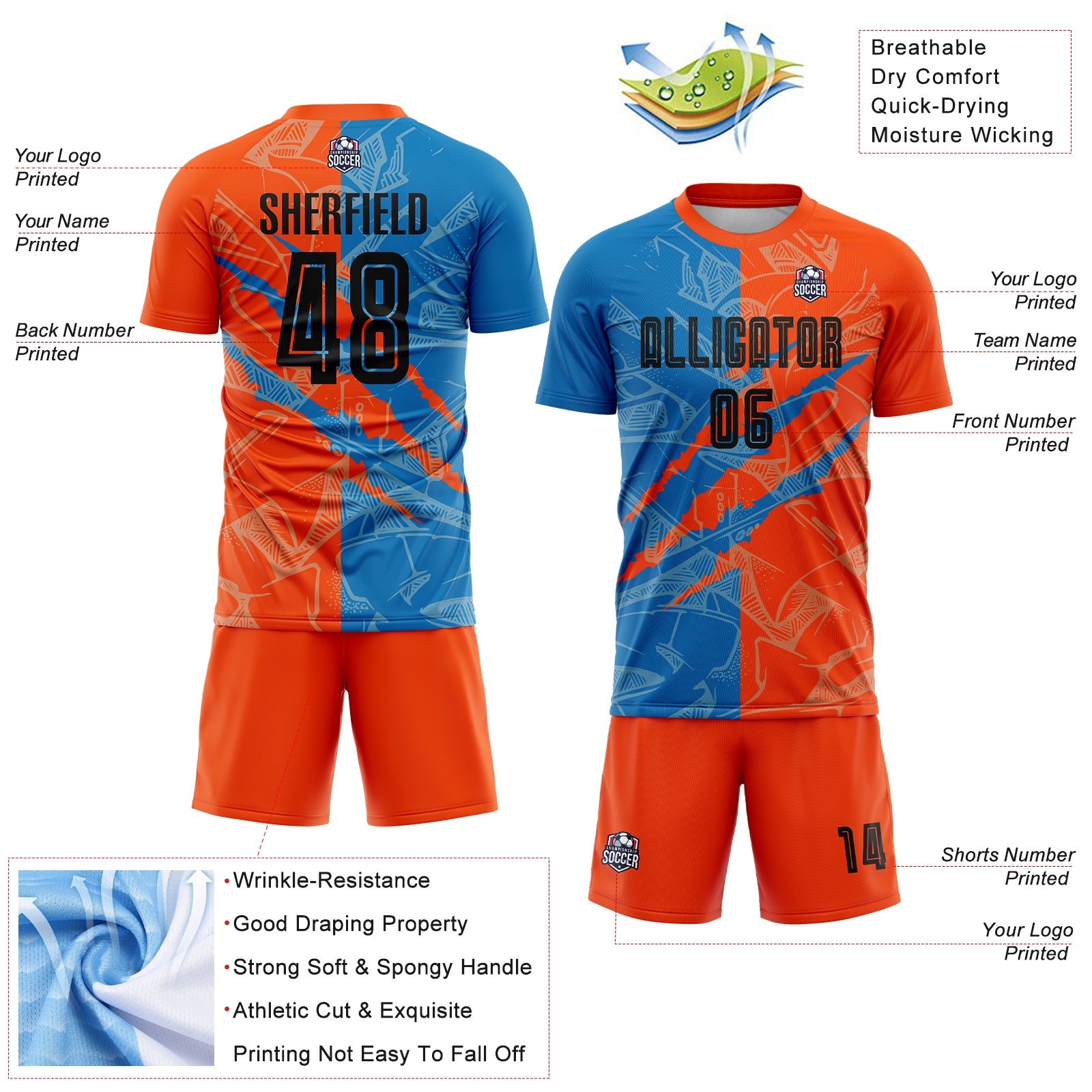 Custom Graffiti Pattern Black Blue-Orange Scratch Sublimation Soccer Uniform Jersey view 4