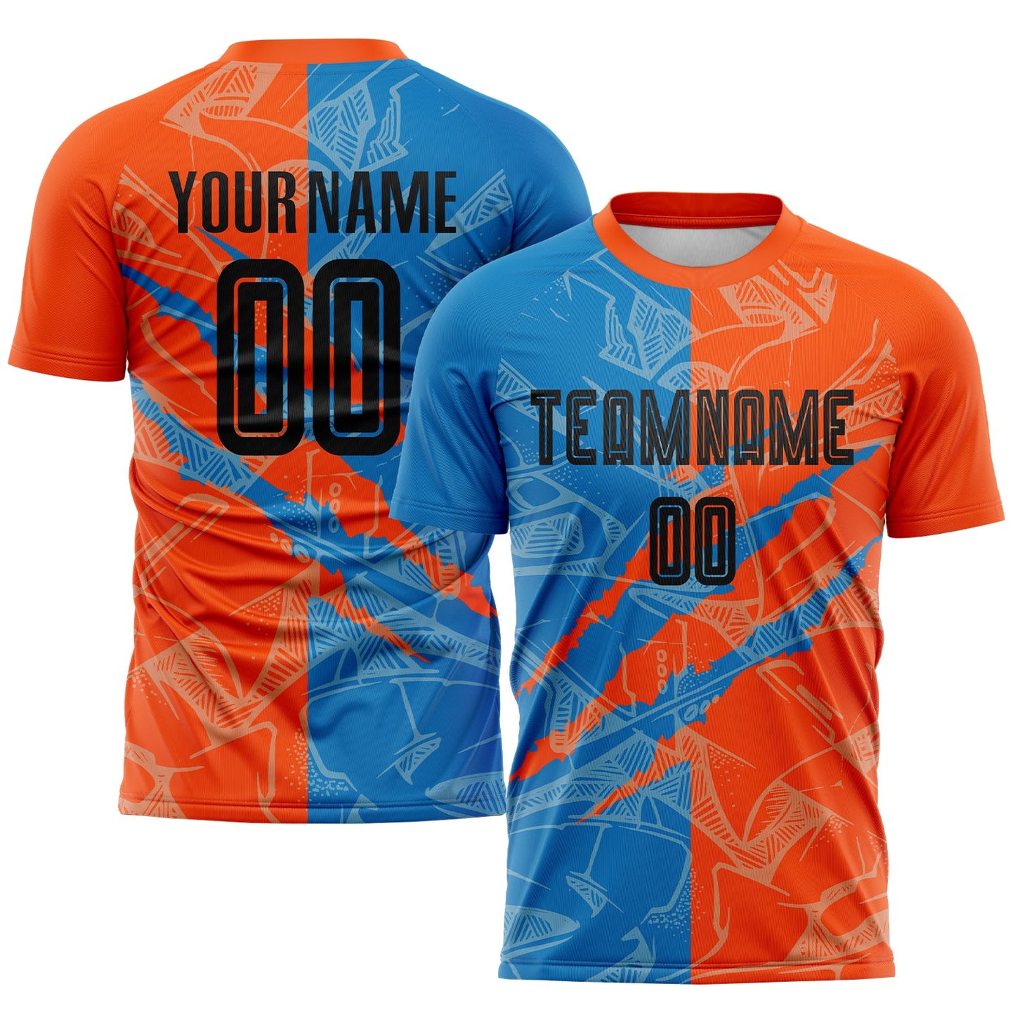 Custom Graffiti Pattern Black Blue-Orange Scratch Sublimation Soccer Uniform Jersey - Main View