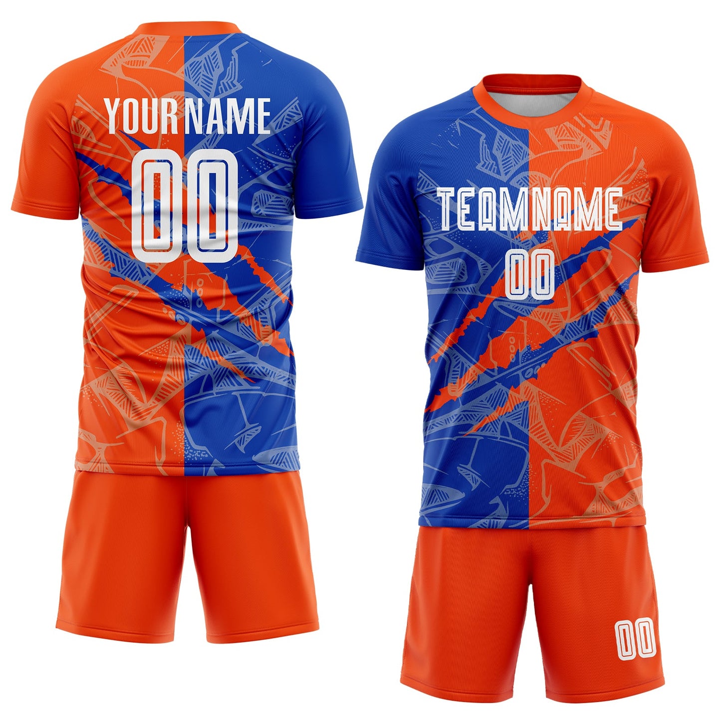 Custom Graffiti Pattern Thunder Blue-Orange Scratch Sublimation Soccer Uniform Jersey view 2