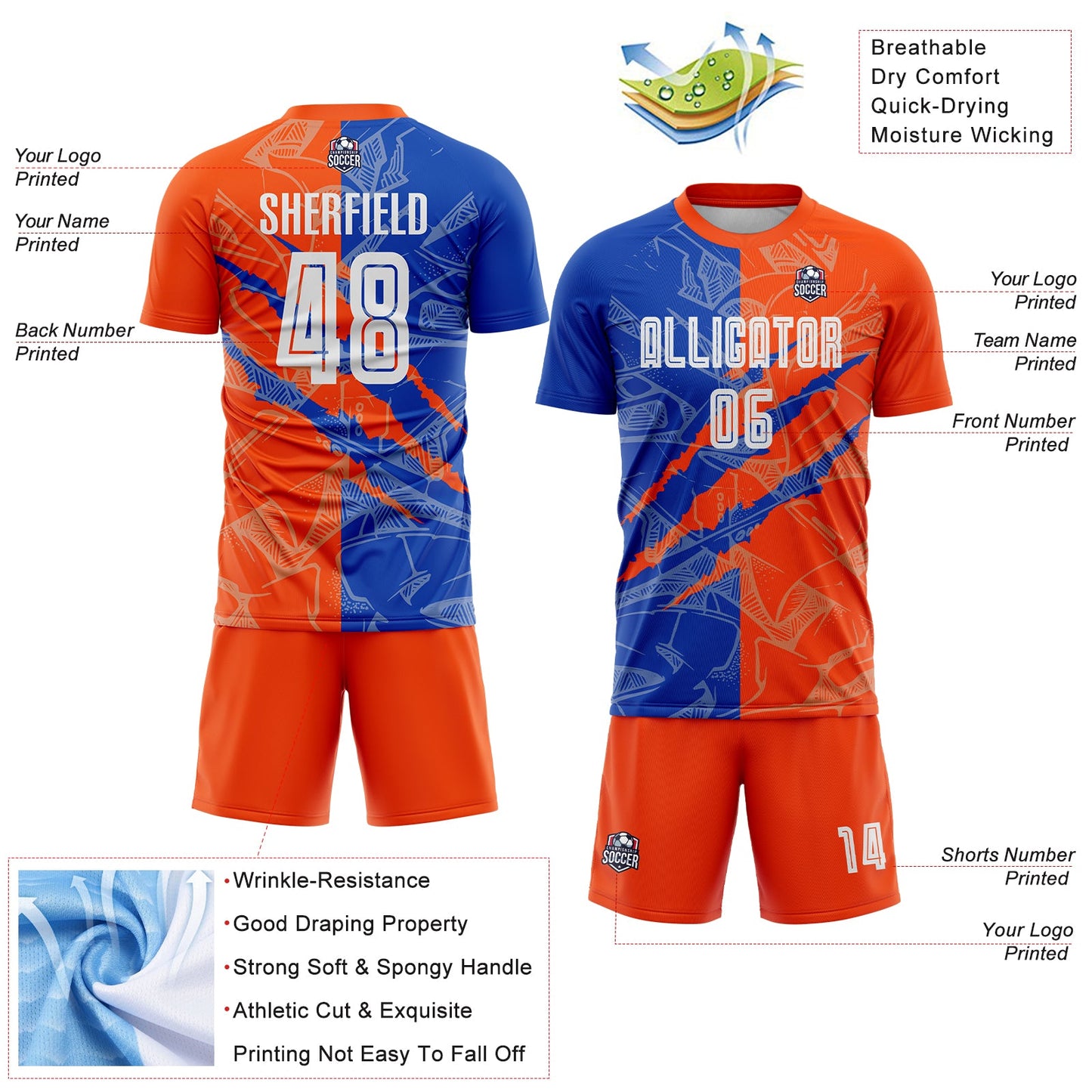 Custom Graffiti Pattern Thunder Blue-Orange Scratch Sublimation Soccer Uniform Jersey view 4