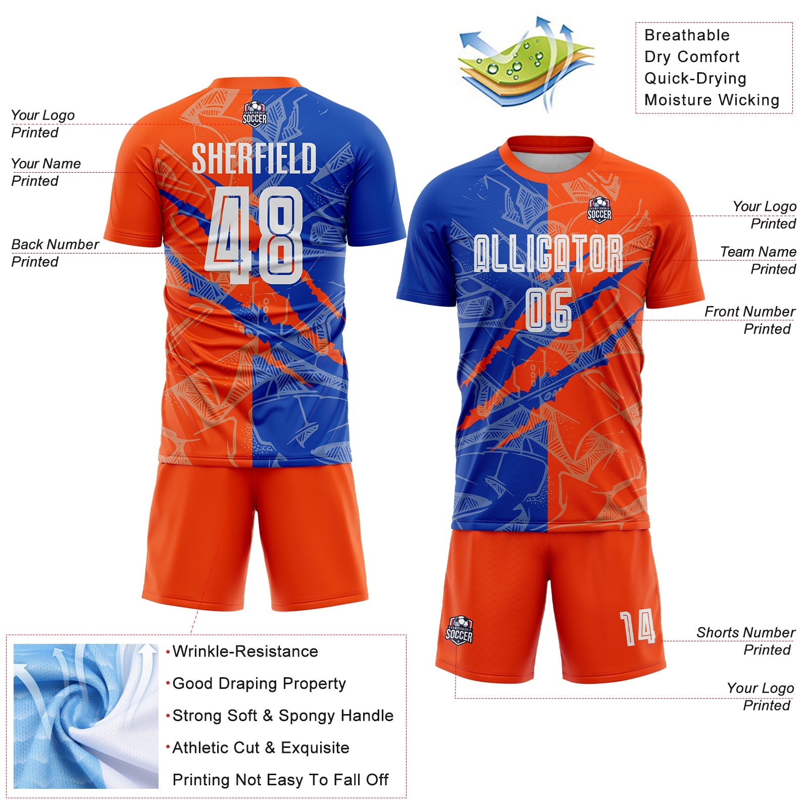 Custom Graffiti Pattern Thunder Blue-Orange Scratch Sublimation Soccer Uniform Jersey view 4