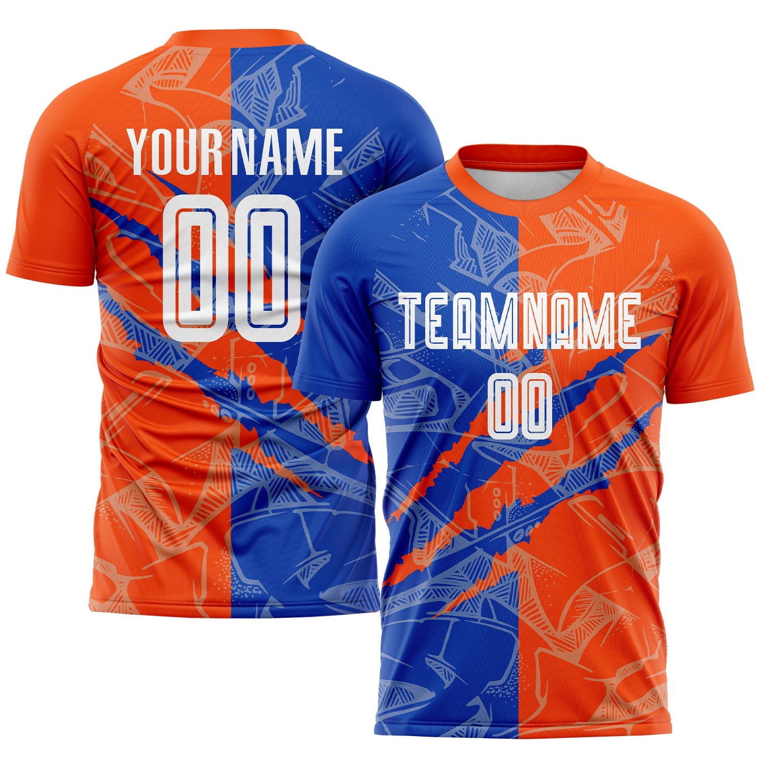 Custom Graffiti Pattern Thunder Blue-Orange Scratch Sublimation Soccer Uniform Jersey - Main View