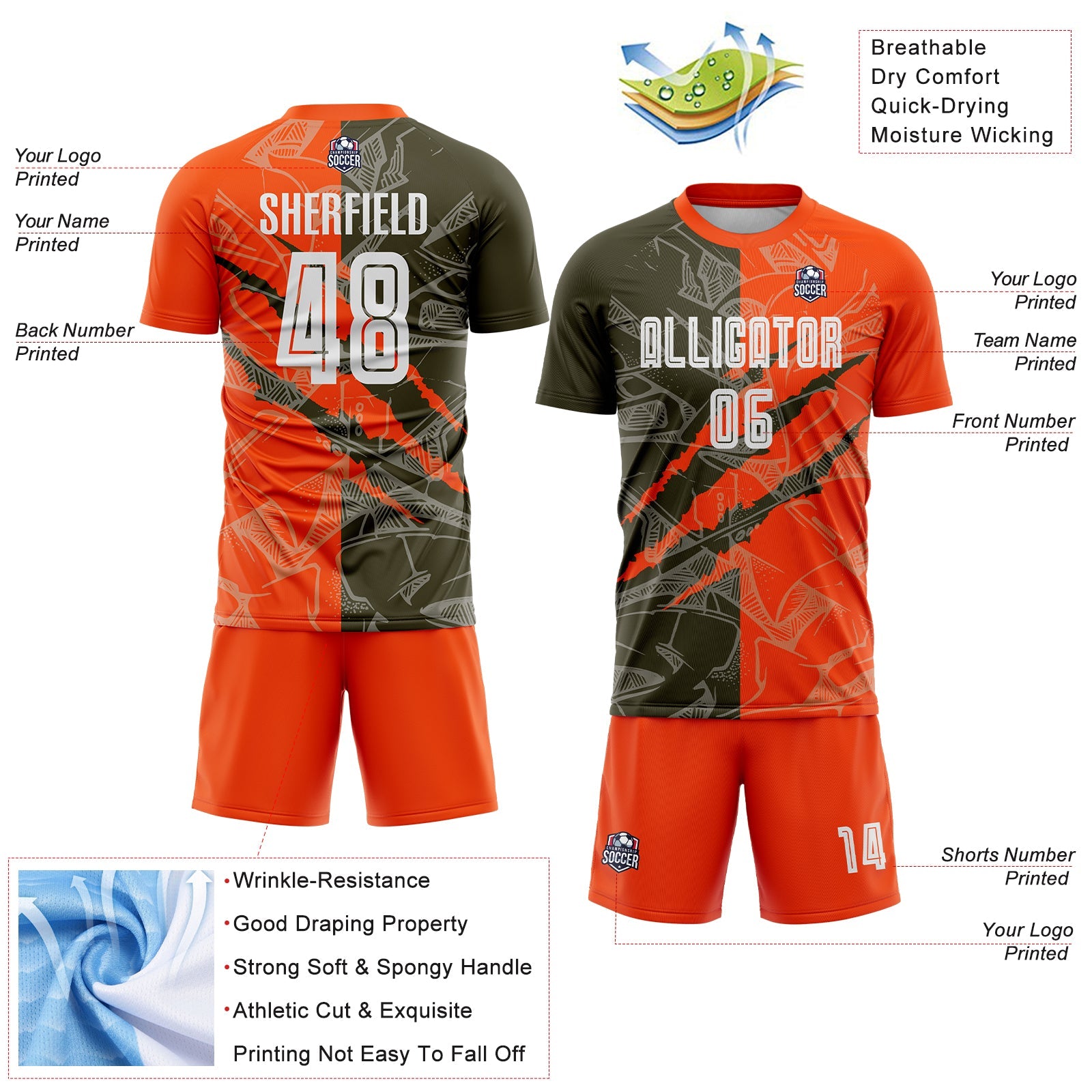 Custom Graffiti Pattern Olive-Orange Scratch Sublimation Soccer Uniform Jersey view 4