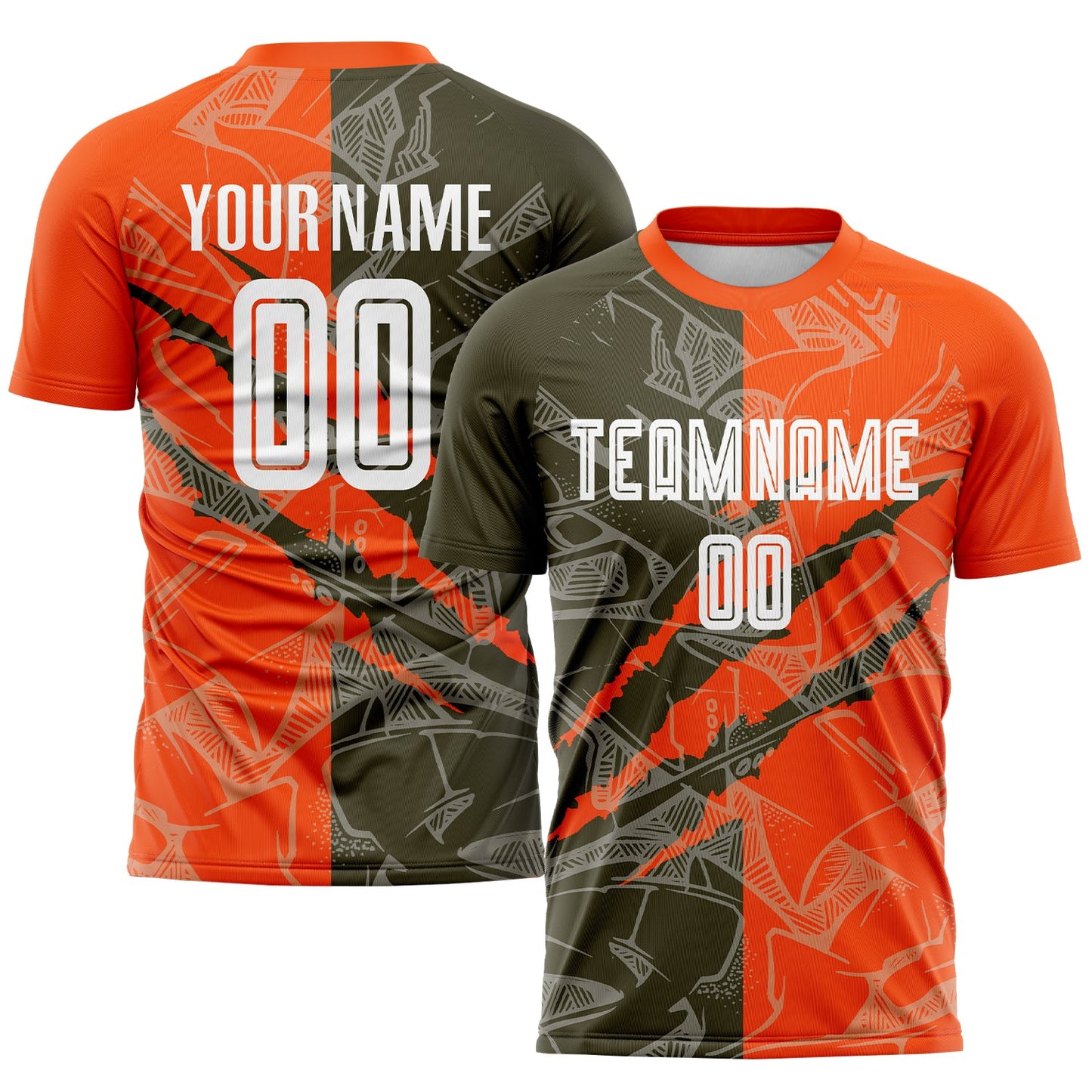 Custom Graffiti Pattern Olive-Orange Scratch Sublimation Soccer Uniform Jersey - Main View