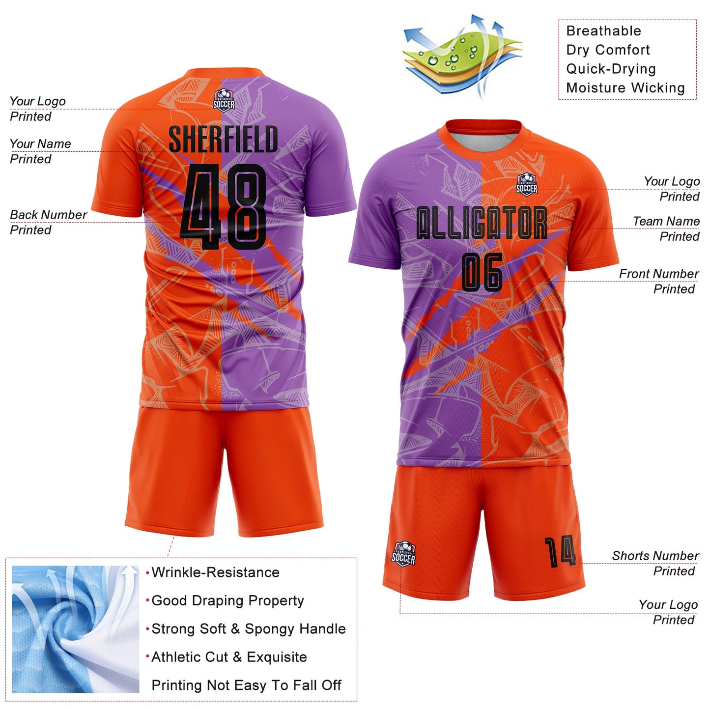 Custom Graffiti Pattern Black Medium Purple-Orange Scratch Sublimation Soccer Uniform Jersey view 4