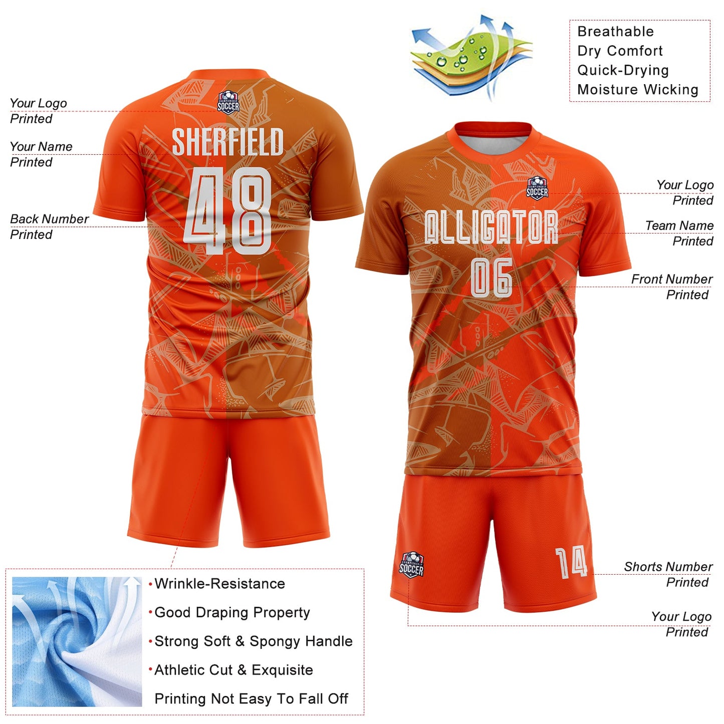 Custom Graffiti Pattern Texas Orange-Orange Scratch Sublimation Soccer Uniform Jersey view 4