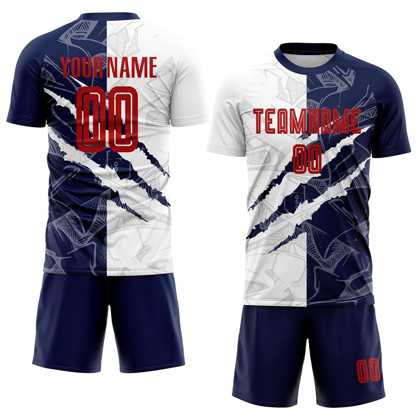 Custom Graffiti Pattern Red-Navy Scratch Sublimation Soccer Uniform Jersey view 2
