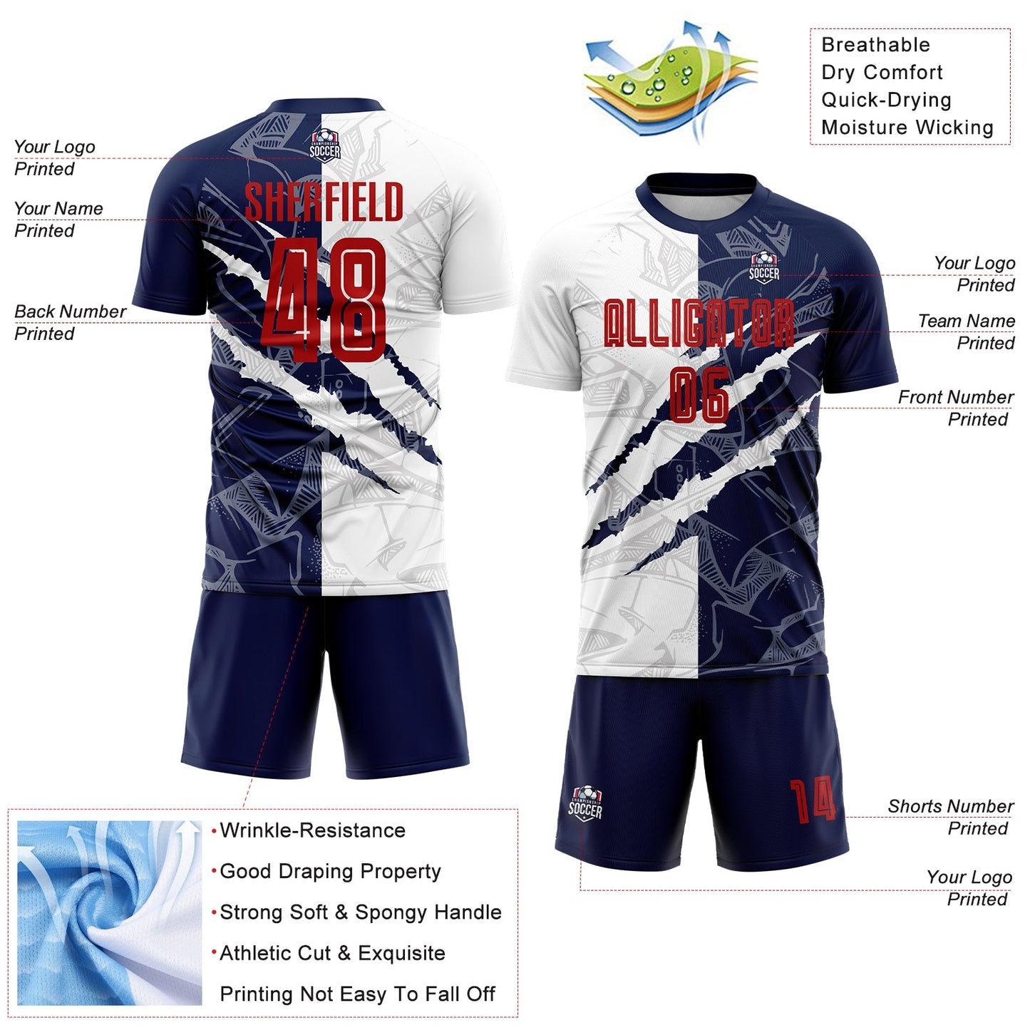 Custom Graffiti Pattern Red-Navy Scratch Sublimation Soccer Uniform Jersey view 4