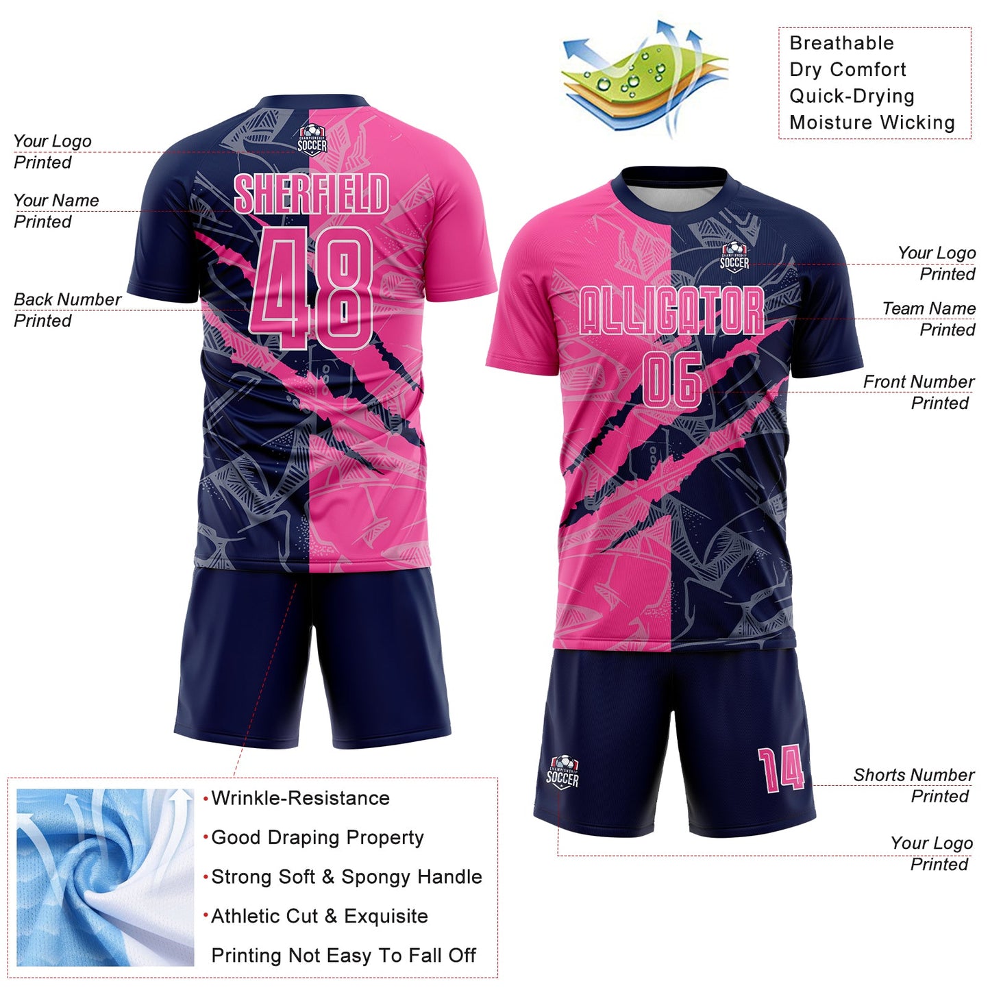 Custom Graffiti Pattern Pink-Navy Scratch Sublimation Soccer Uniform Jersey view 4