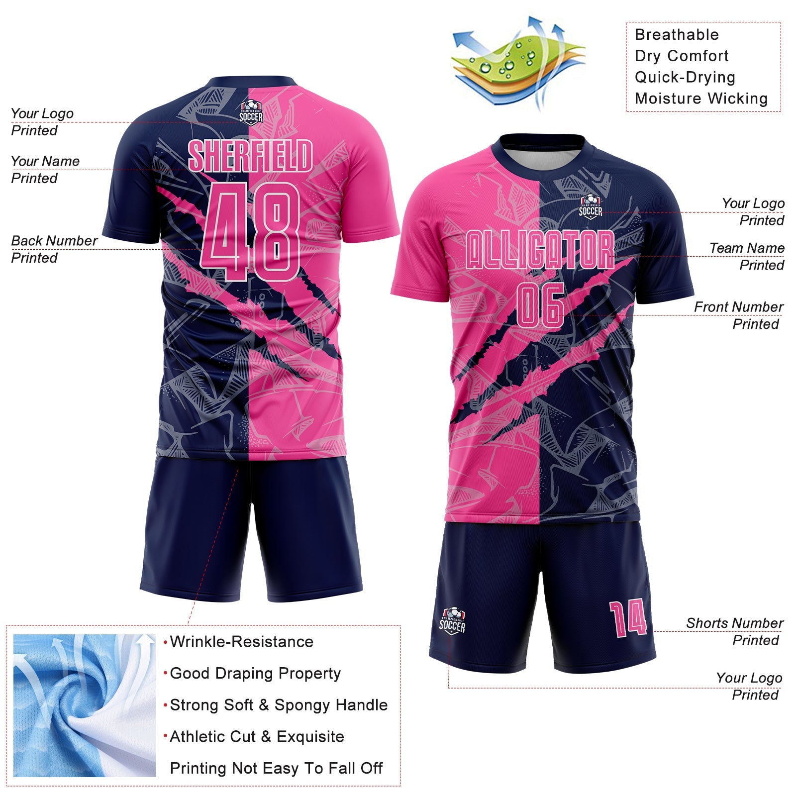 Custom Graffiti Pattern Pink-Navy Scratch Sublimation Soccer Uniform Jersey view 4