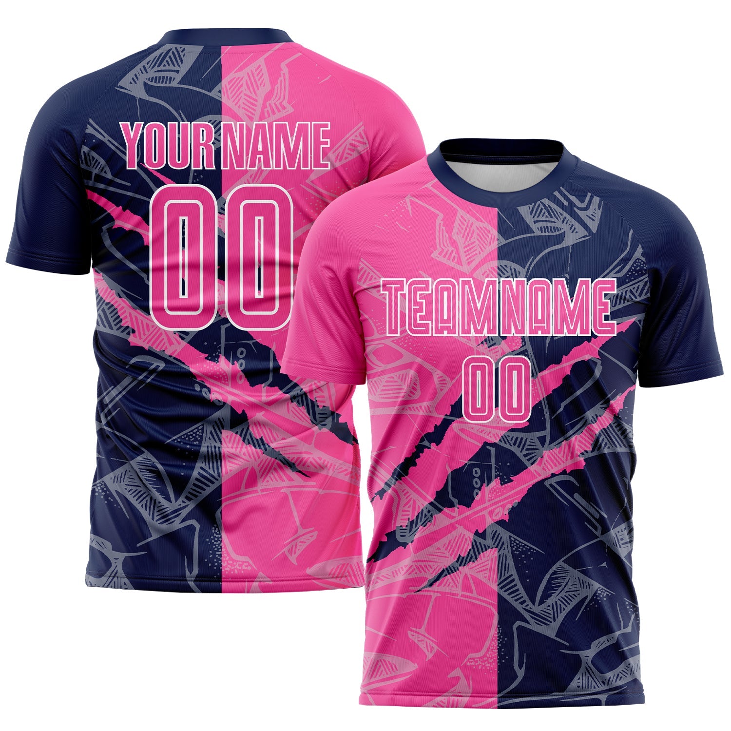 Custom Graffiti Pattern Pink-Navy Scratch Sublimation Soccer Uniform Jersey - Main View