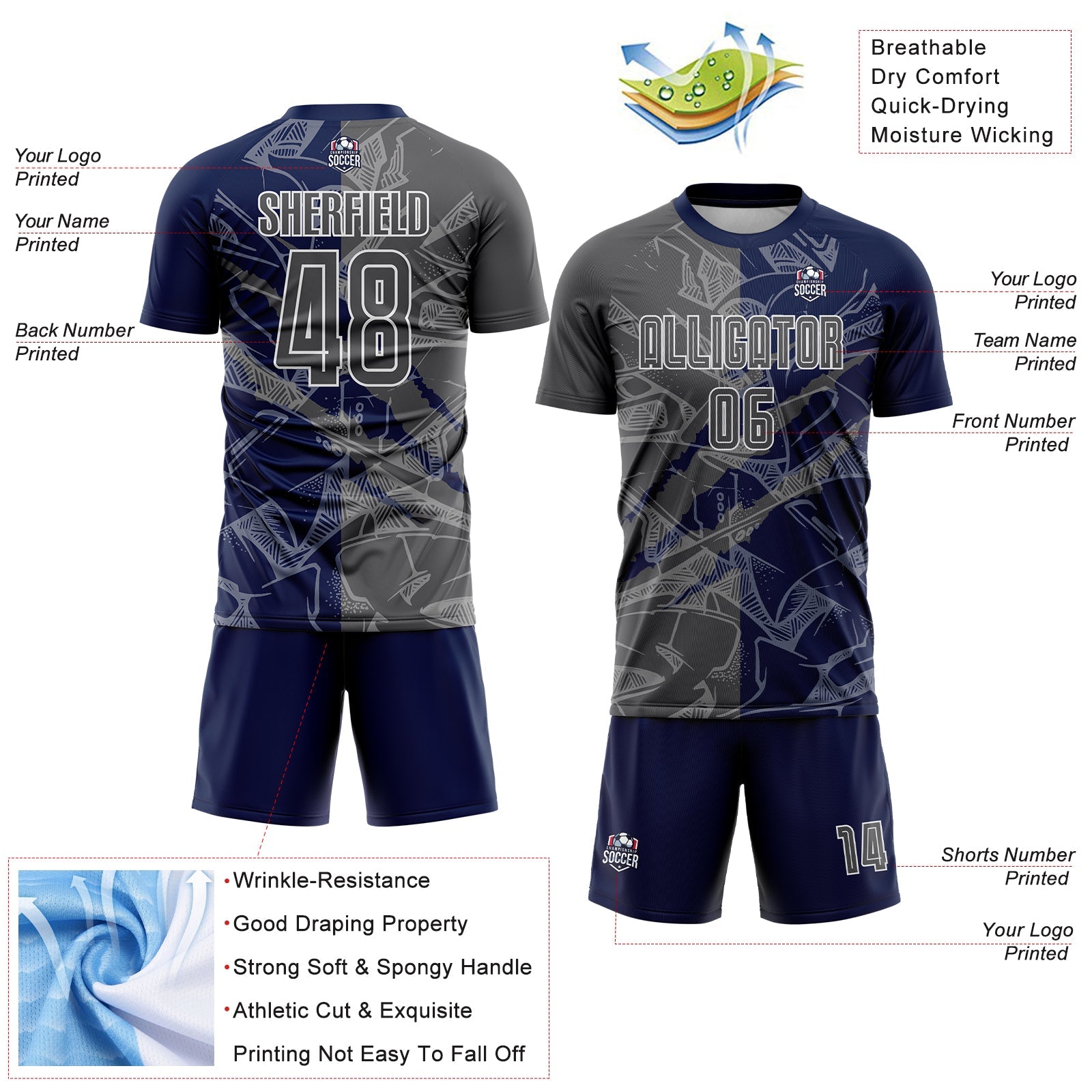 Custom Graffiti Pattern Steel Gray-Navy Scratch Sublimation Soccer Uniform Jersey view 4