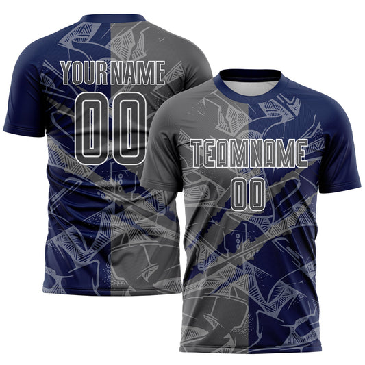 Custom Graffiti Pattern Steel Gray-Navy Scratch Sublimation Soccer Uniform Jersey - Main View