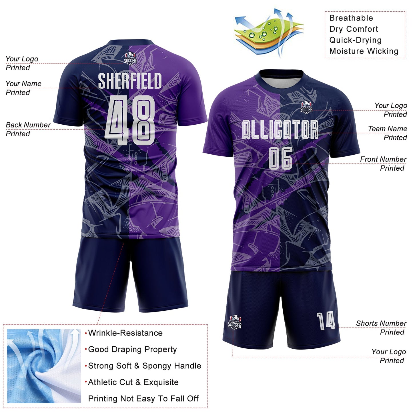 Custom Graffiti Pattern Purple-Navy Scratch Sublimation Soccer Uniform Jersey view 4