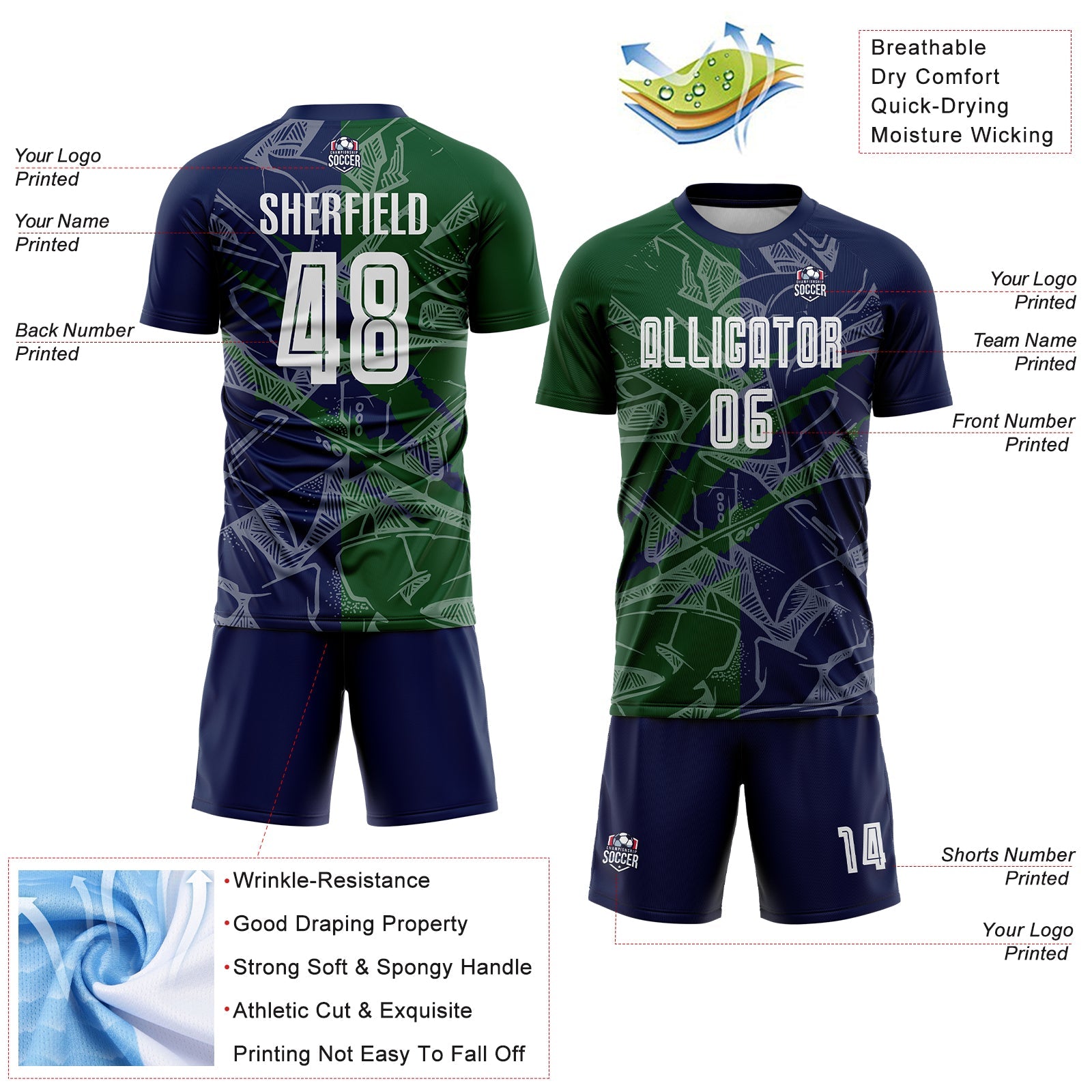 Custom Graffiti Pattern Green-Navy Scratch Sublimation Soccer Uniform Jersey view 4