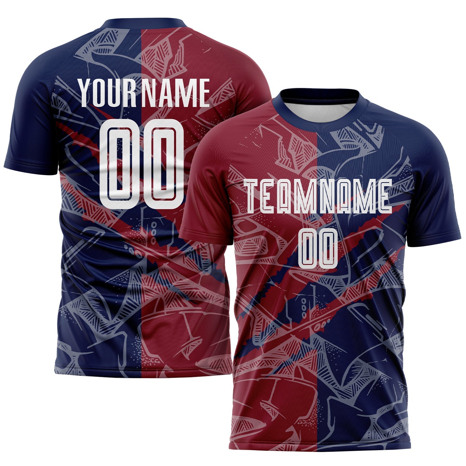 Custom Graffiti Pattern Crimson-Navy Scratch Sublimation Soccer Uniform Jersey - Main View