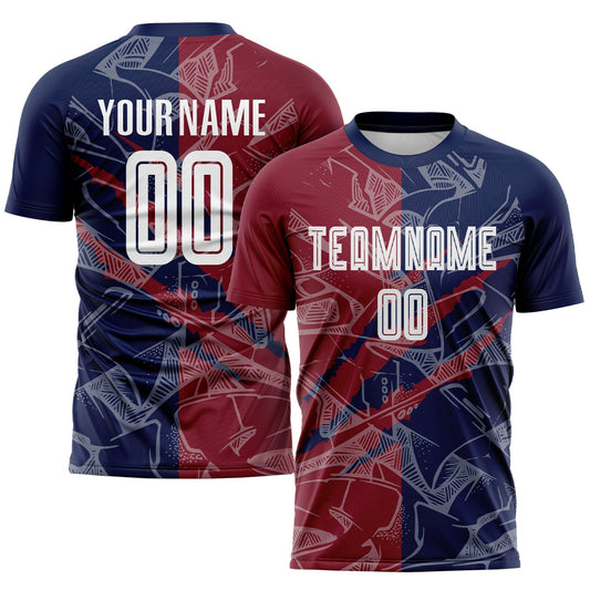 Custom Graffiti Pattern Crimson-Navy Scratch Sublimation Soccer Uniform Jersey - Main View