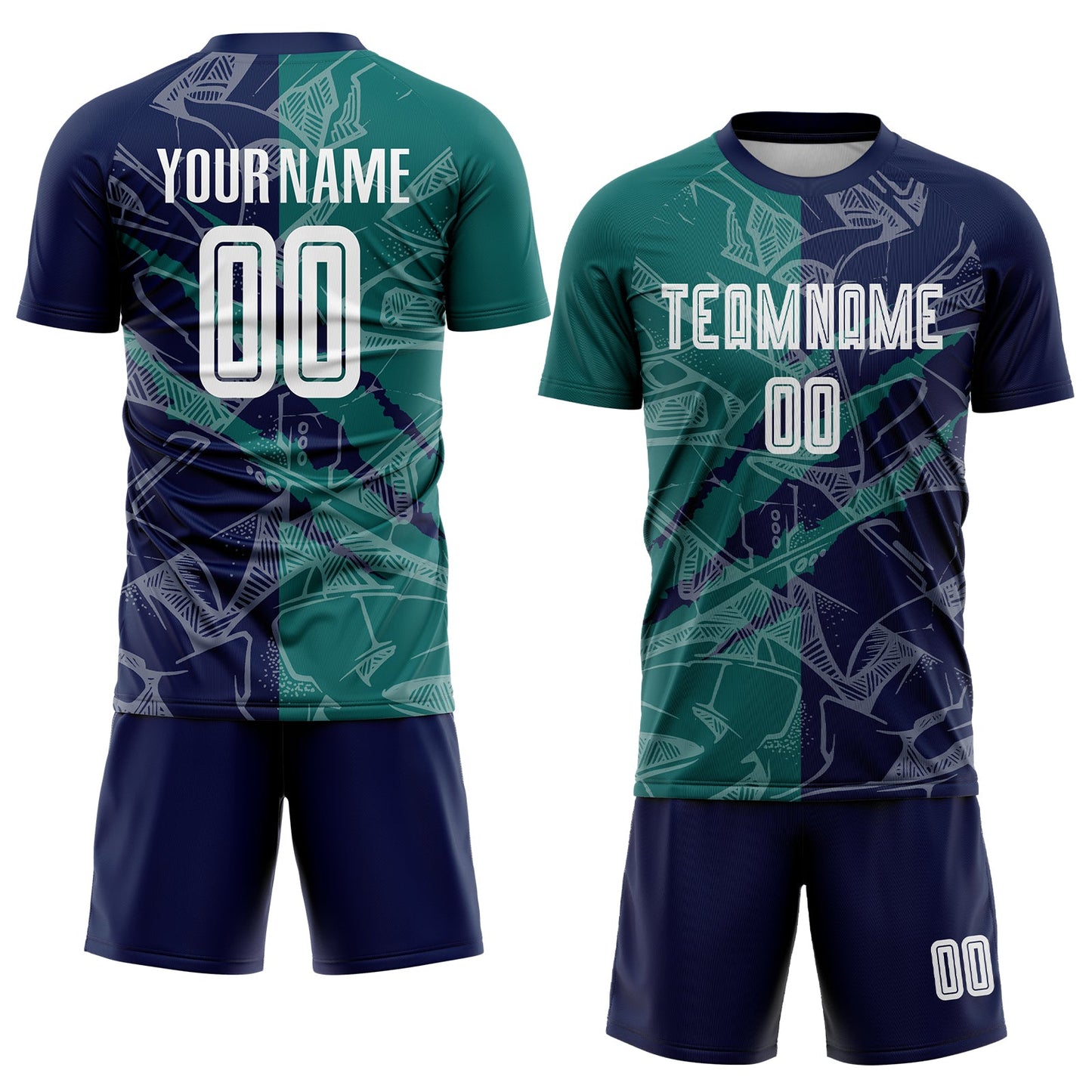 Custom Graffiti Pattern Teal-Navy Scratch Sublimation Soccer Uniform Jersey view 2