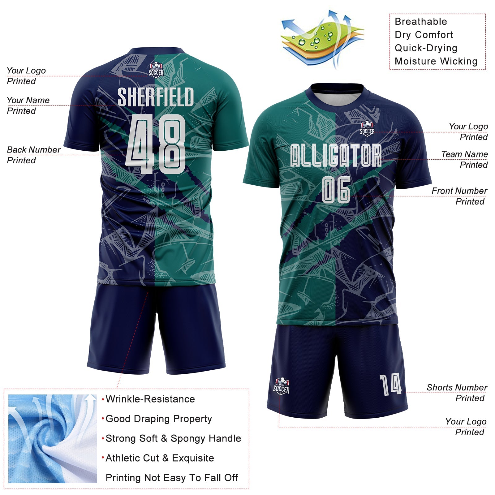 Custom Graffiti Pattern Teal-Navy Scratch Sublimation Soccer Uniform Jersey view 4