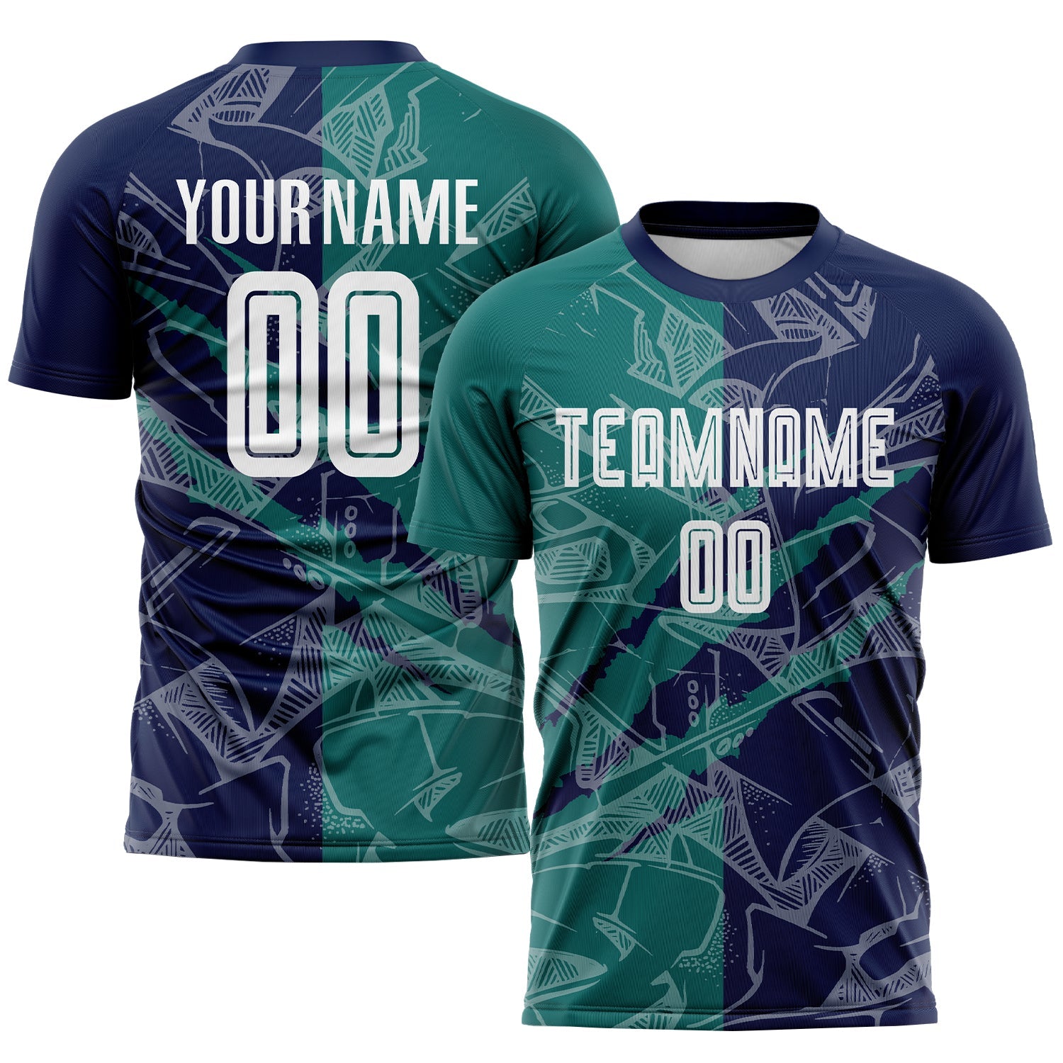 Custom Graffiti Pattern Teal-Navy Scratch Sublimation Soccer Uniform Jersey - Main View