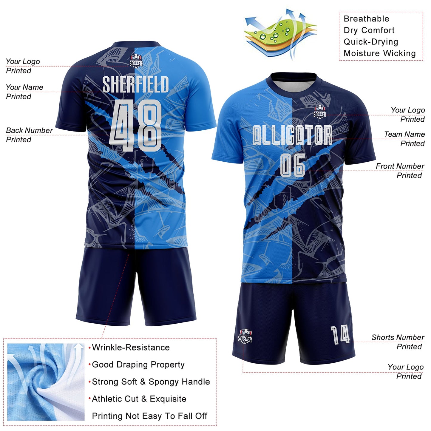Custom Graffiti Pattern Powder Blue-Navy Scratch Sublimation Soccer Uniform Jersey view 4