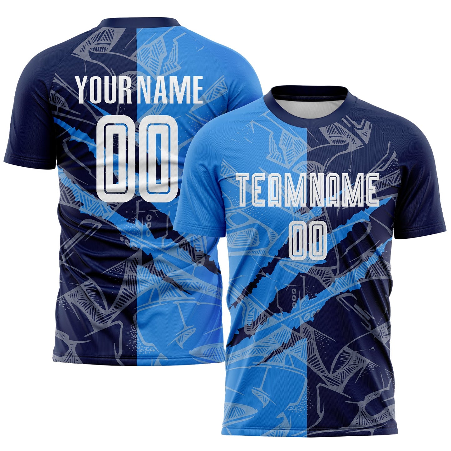 Custom Graffiti Pattern Powder Blue-Navy Scratch Sublimation Soccer Uniform Jersey - Main View