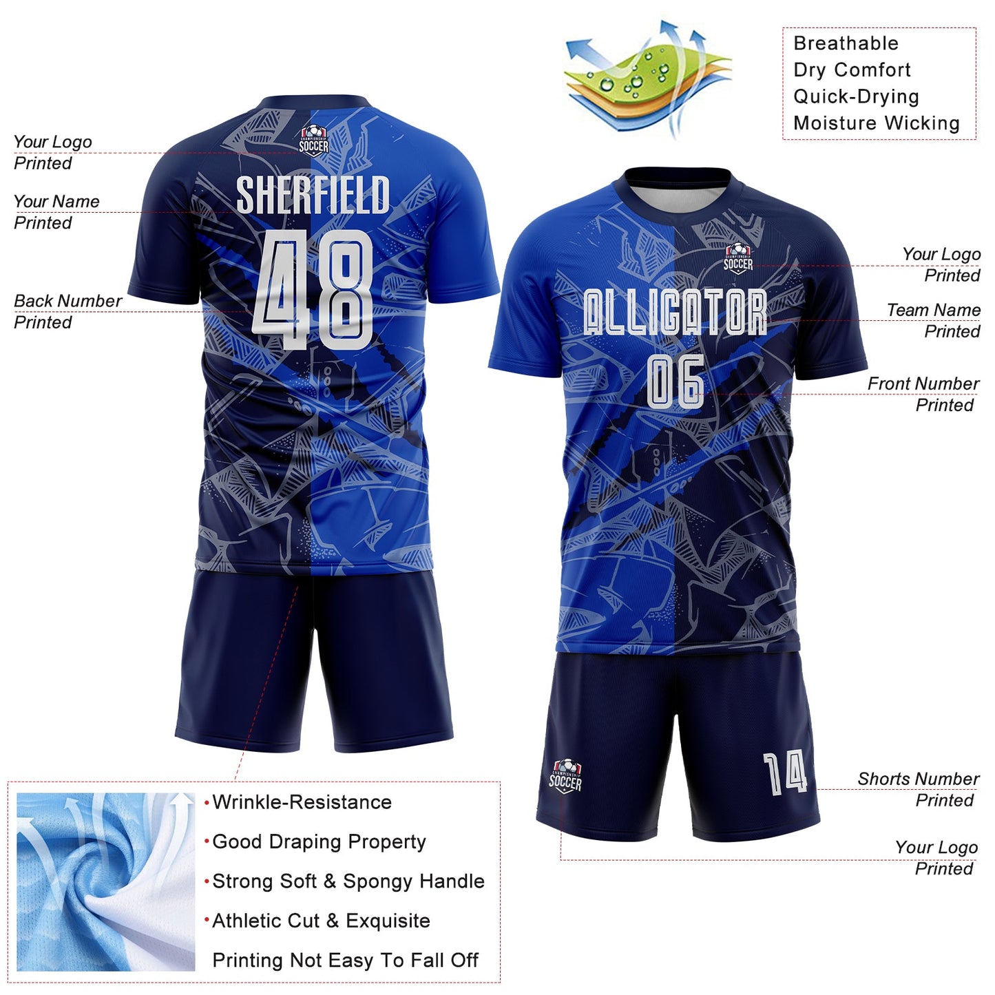 Custom Graffiti Pattern Thunder Blue-Navy Scratch Sublimation Soccer Uniform Jersey view 4