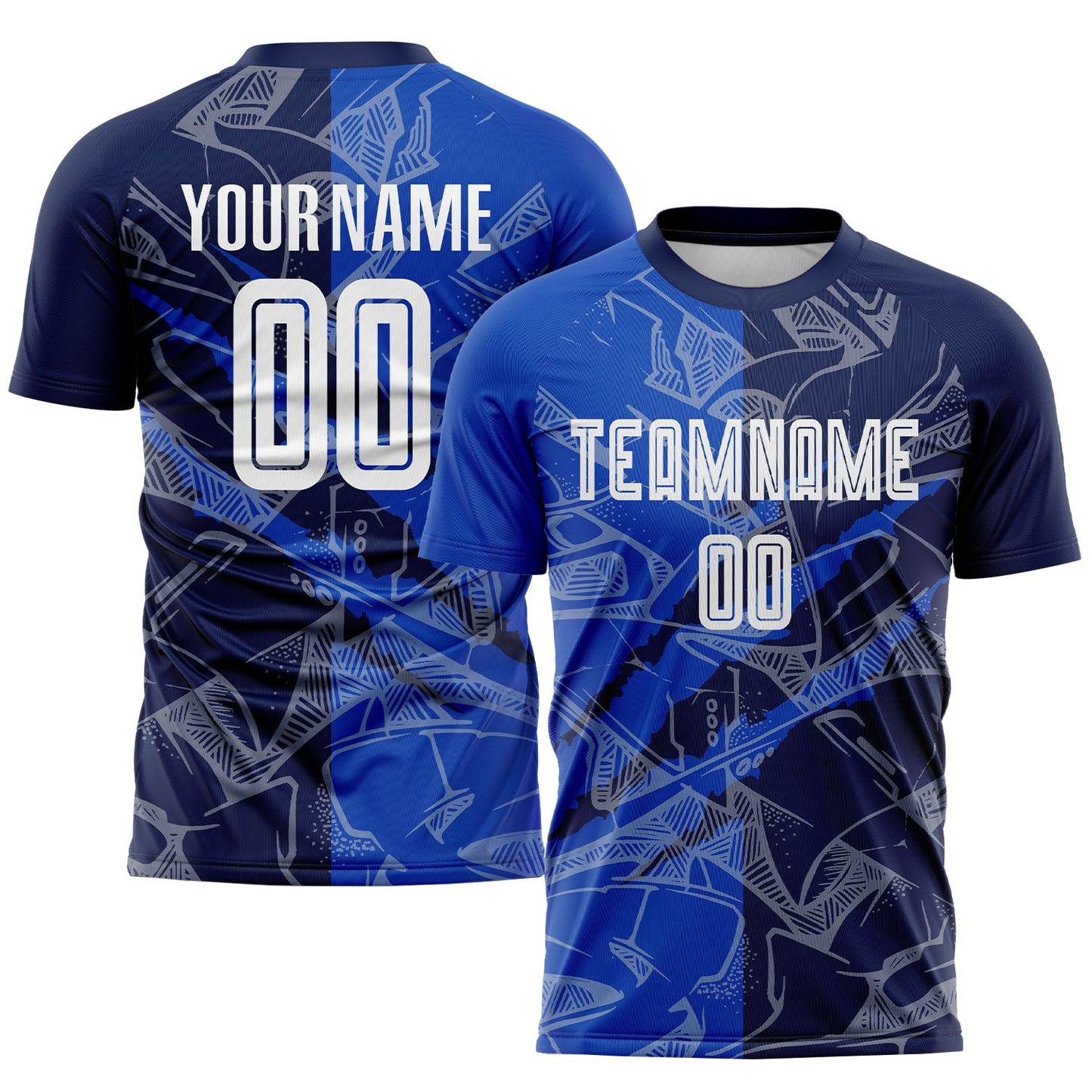Custom Graffiti Pattern Thunder Blue-Navy Scratch Sublimation Soccer Uniform Jersey - Main View