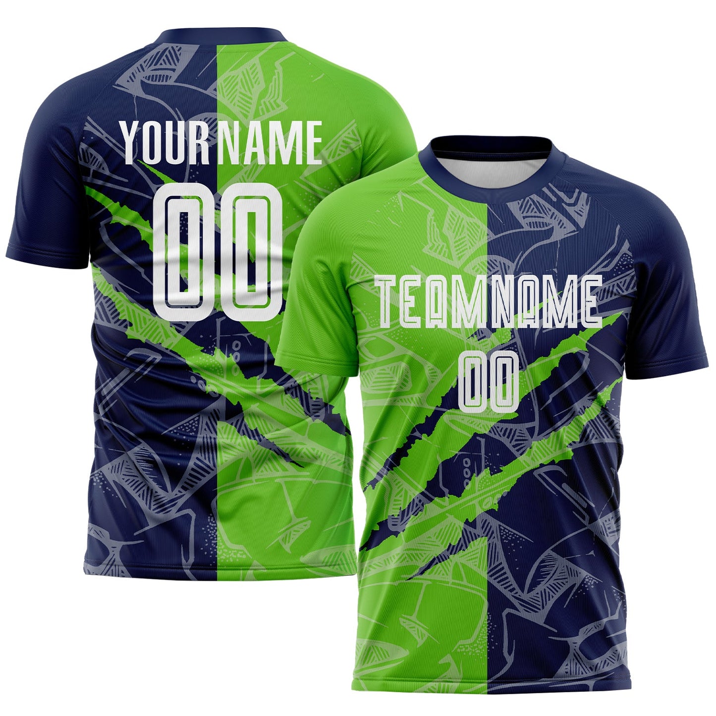 Custom Graffiti Pattern Aurora Green-Navy Scratch Sublimation Soccer Uniform Jersey - Main View