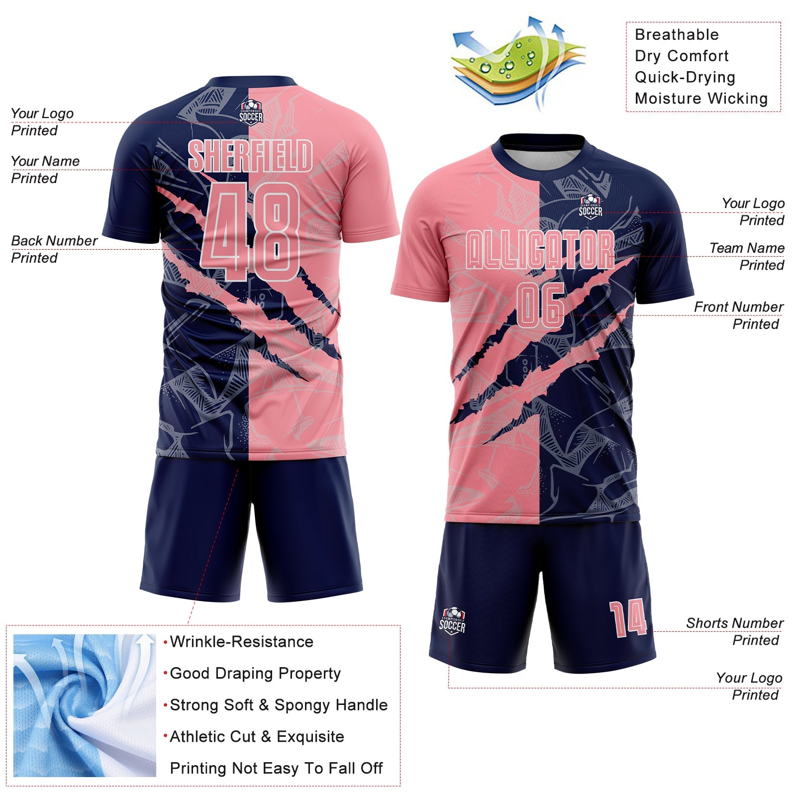 Custom Graffiti Pattern Medium Pink-Navy Scratch Sublimation Soccer Uniform Jersey view 4